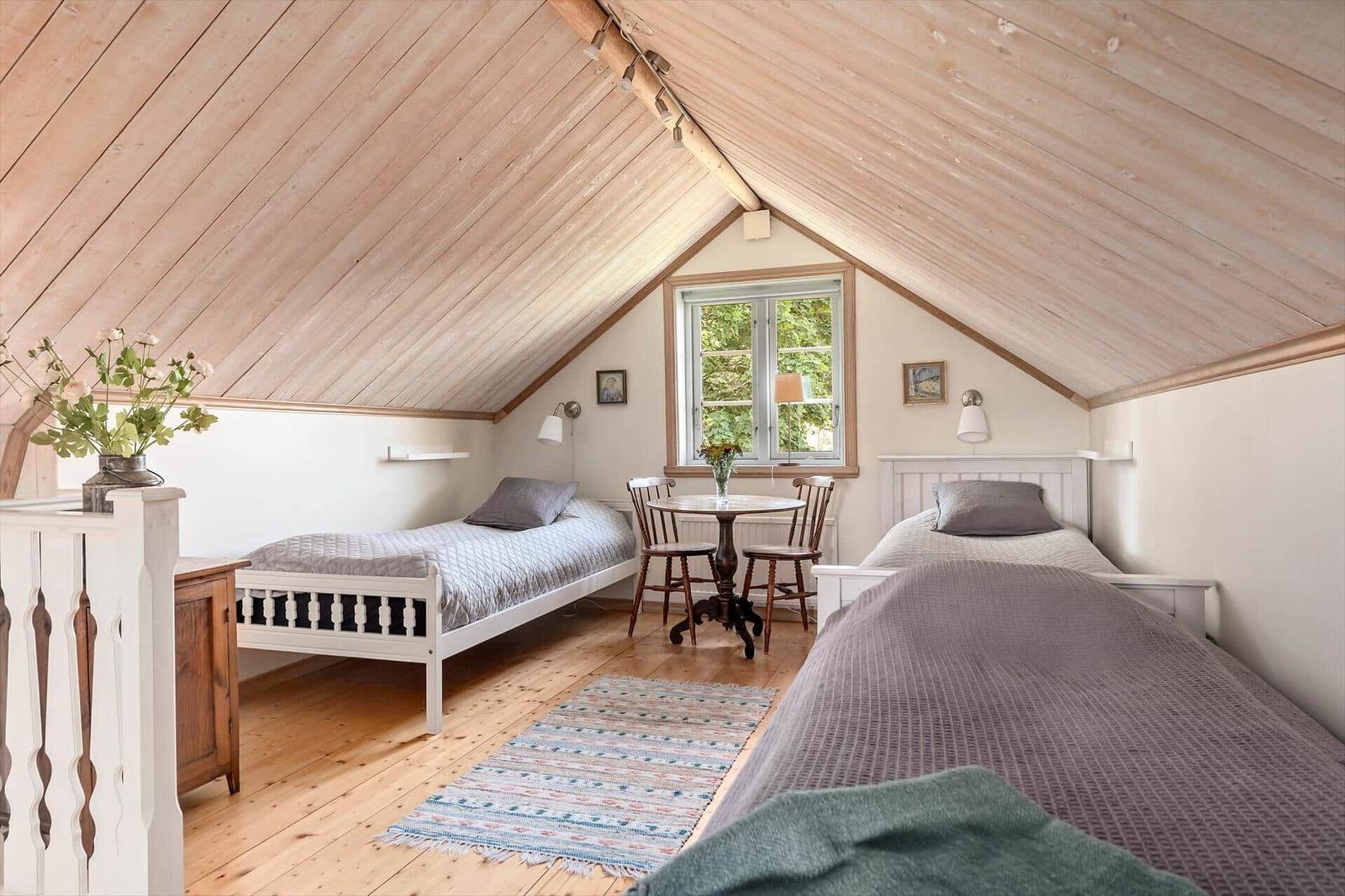 Zimmer mit zwei Betten, Holzdach und Fenster mit Blick.