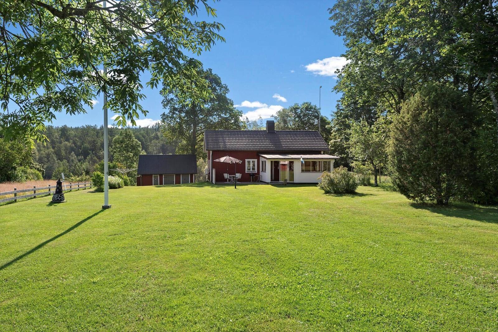 Roter Holzhaus mit Terrasse und Garten. Umgeben von Bäumen und Grasflächen.