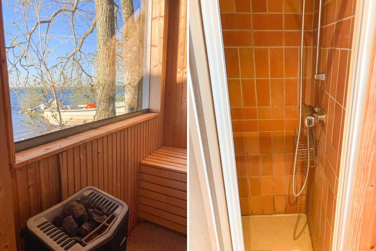 Sauna mit Blick auf See und Boot. Duschbereich mit orangefarbenen Fliesen.