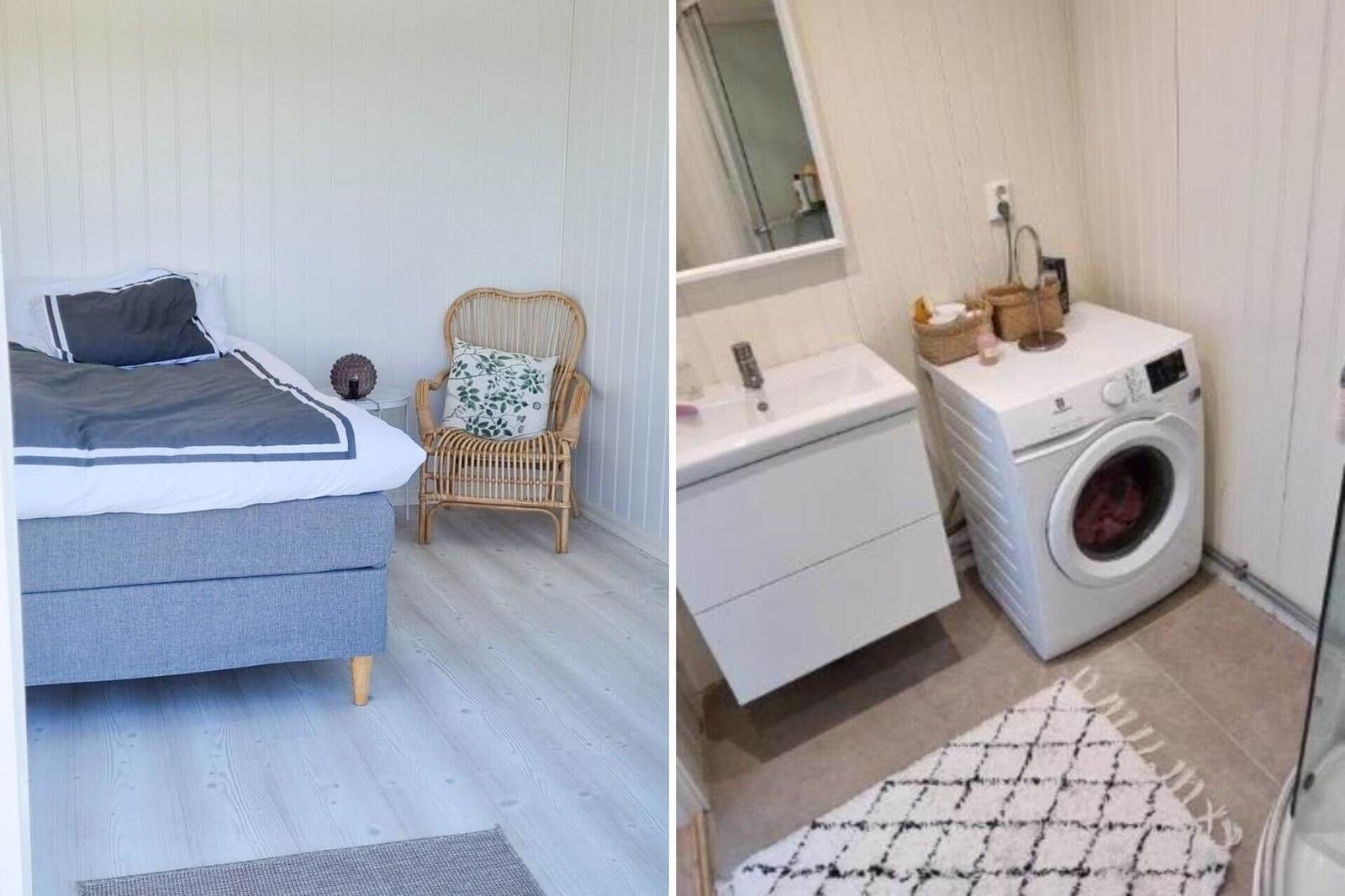 Schlafzimmer mit Bett und Stuhl. Badezimmer mit Waschmaschine und Spiegel.
