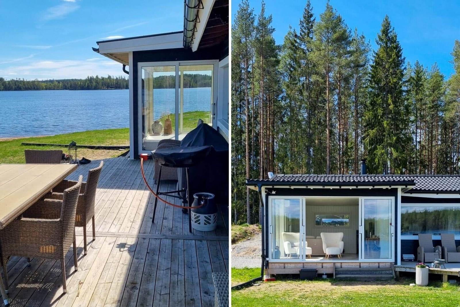 Hütte am See mit Terrasse, Grill und Blick auf Wald.