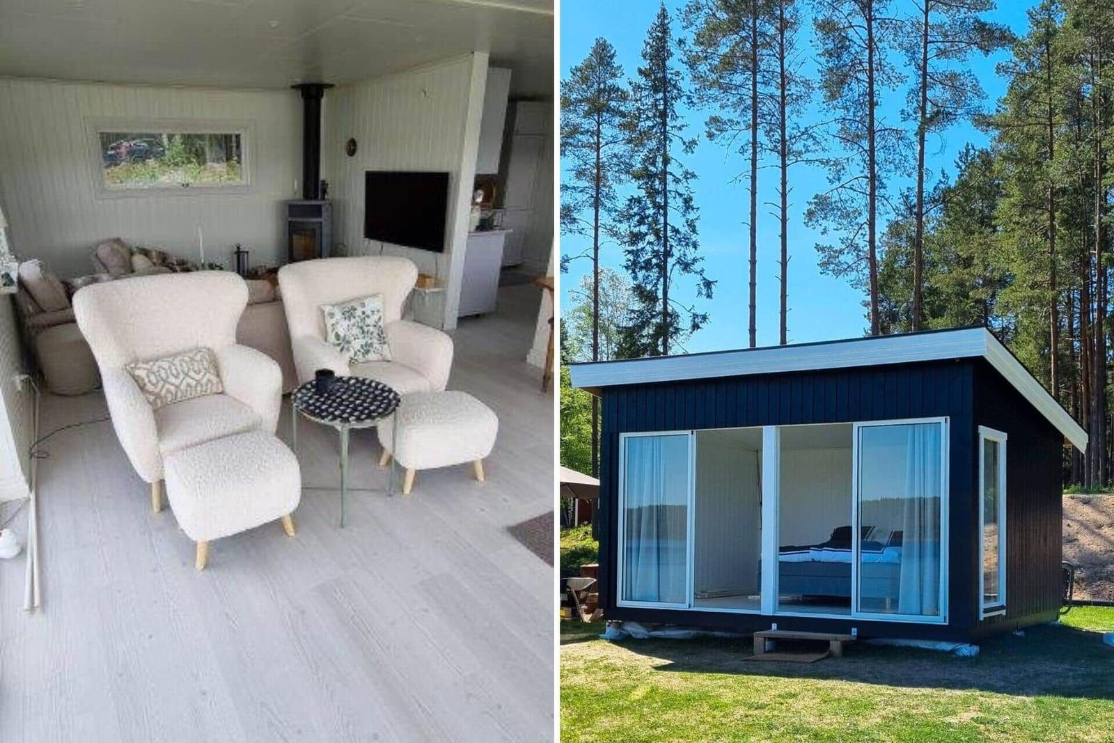 Wohnbereich mit Sitzgruppe und TV. Schwarze Hütte mit Glasfront im Wald.