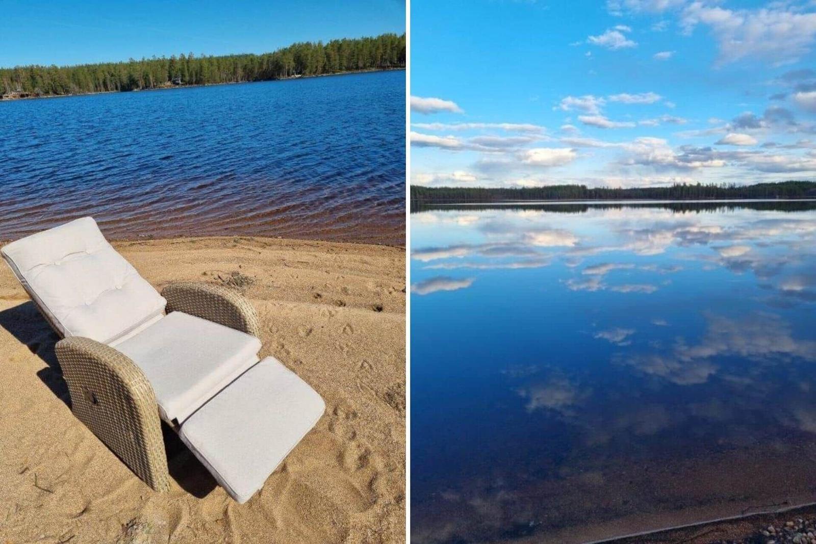 Liegendecke am Strand mit Blick auf ruhiges Wasser und Wald. Spiegelglattes Seeufer unter blauem Himmel.