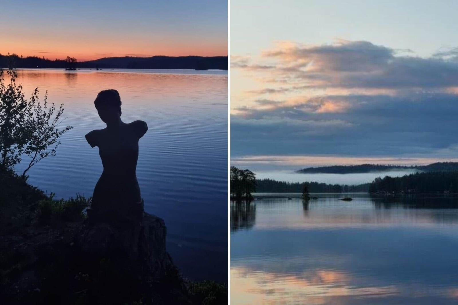 Silhouette einer Statue am See bei Sonnenuntergang und Morgennebel über dem Wasser.