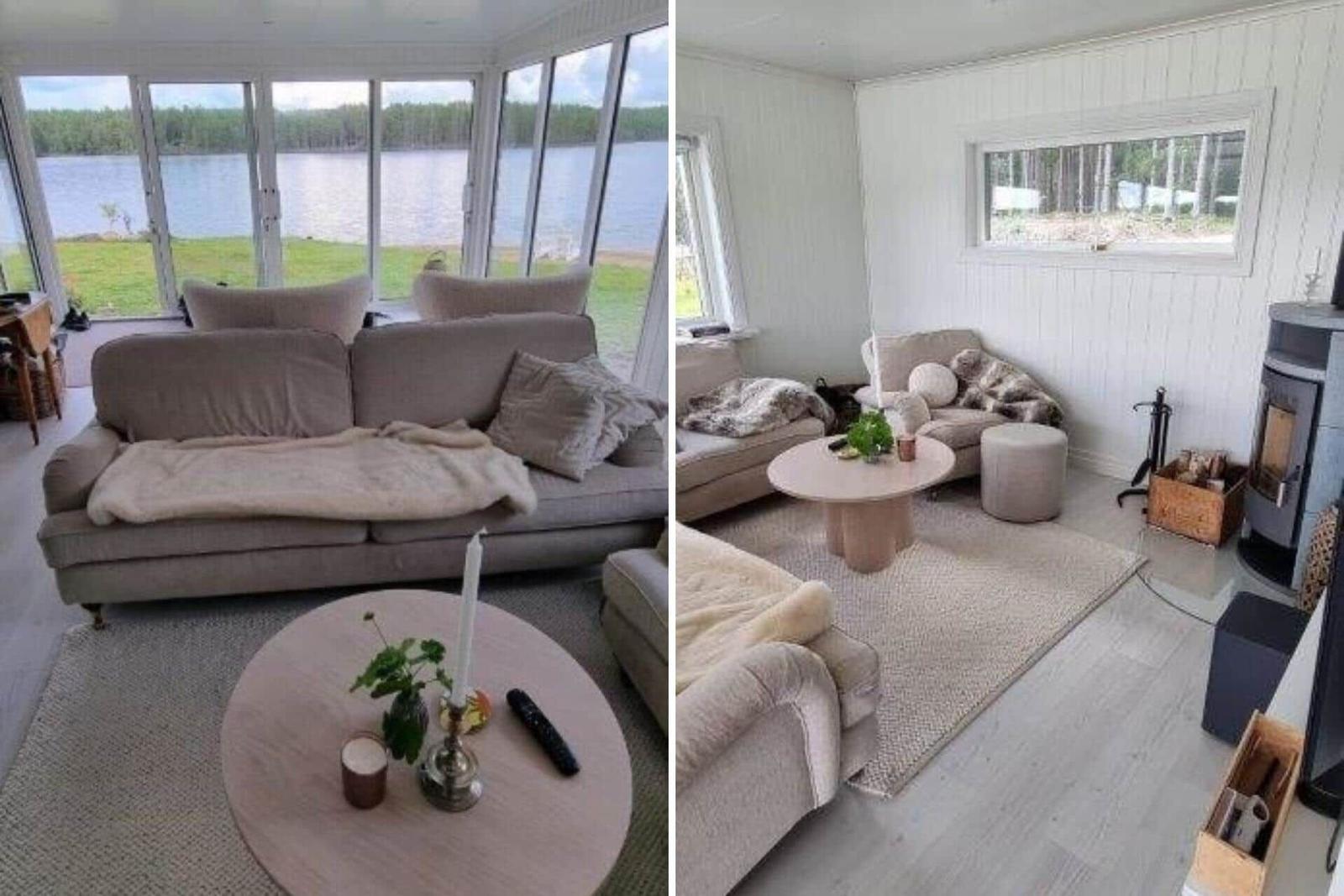 Wohnzimmer mit Sofa, Tisch und Blick auf See