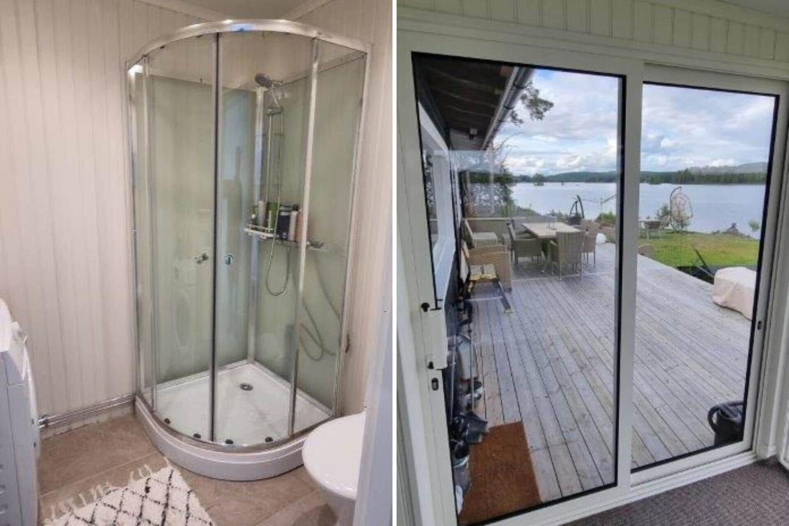 Dusche mit Glaswand und Balkon mit Blick auf See.