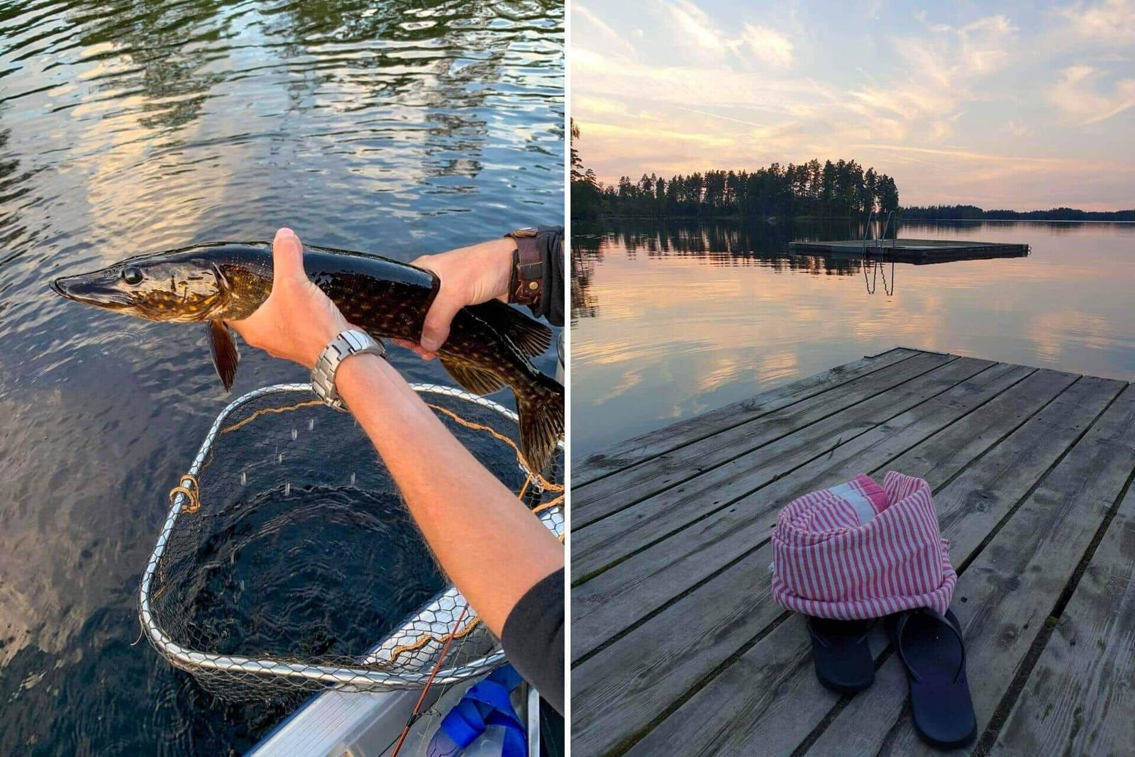 Fischer hält einen Bachsaibling. Holzsteg mit Mütze und Schuhen am Seeufer.