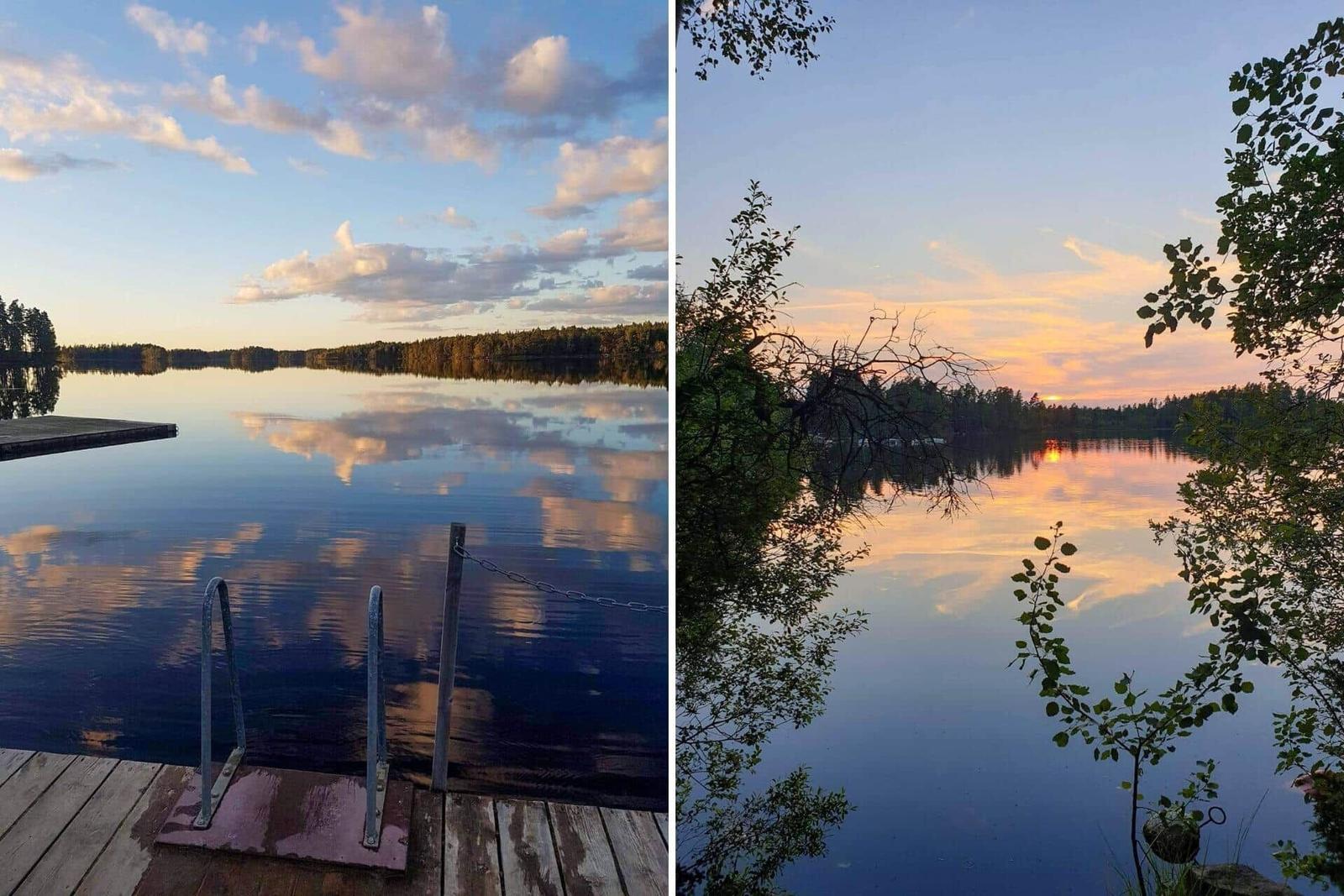 Zwei Bilder zeigen einen See bei Sonnenuntergang mit Bootshafen und Bäumen.