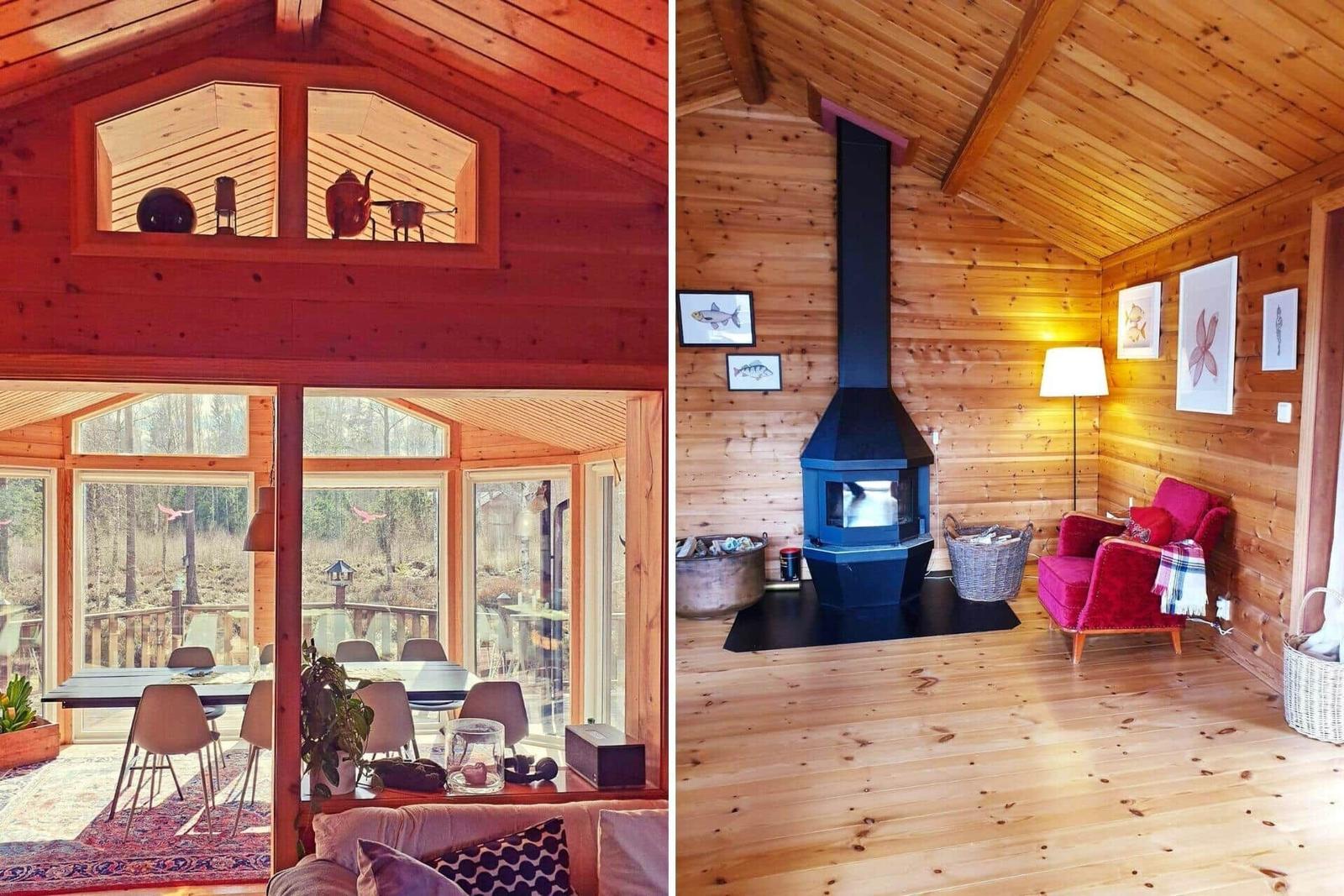 Holzhaus mit Essbereich und Kamin im Wohnzimmer.