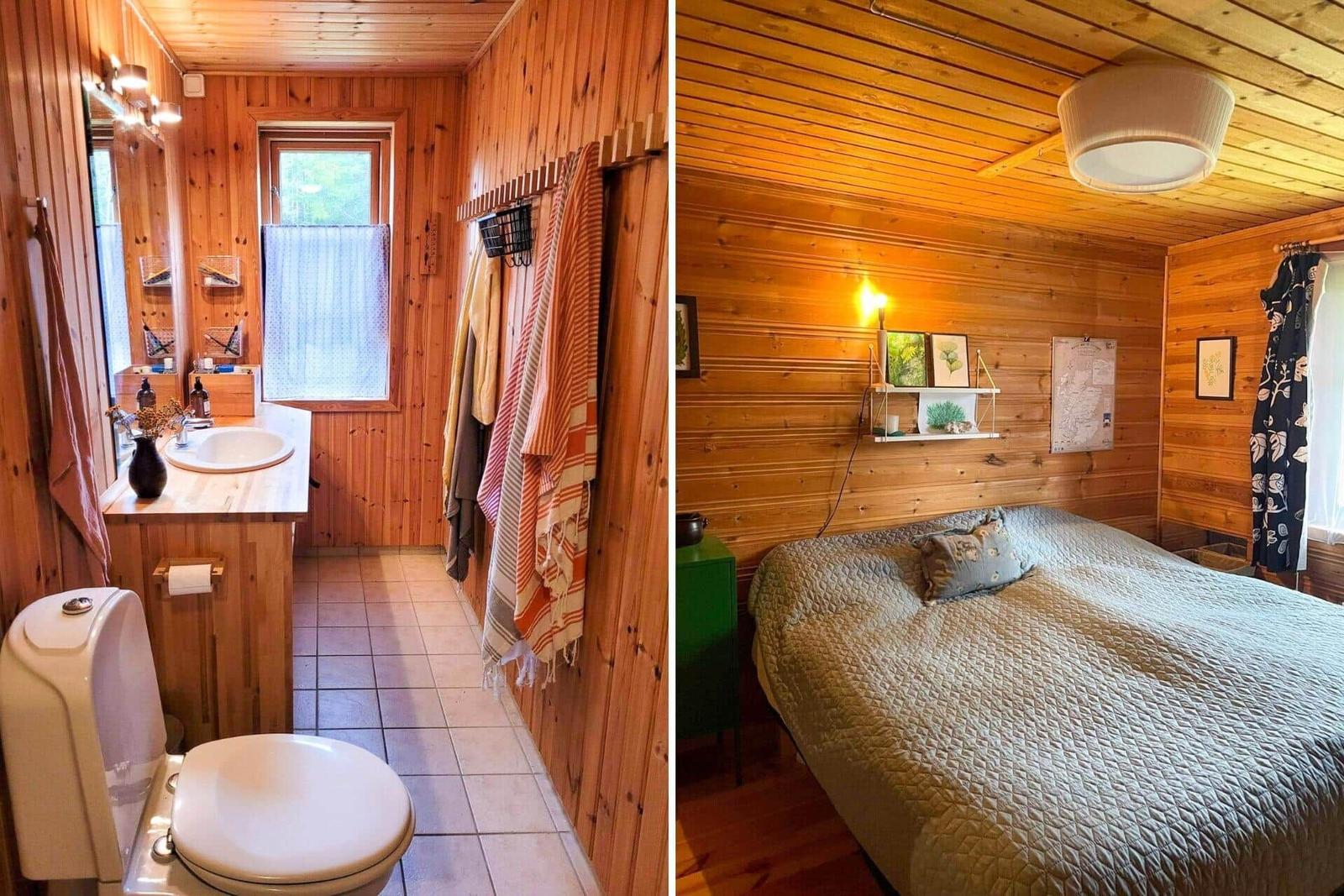 Badezimmer mit Holzwand und Toilette. Schlafzimmer mit Bett und Holzwand.