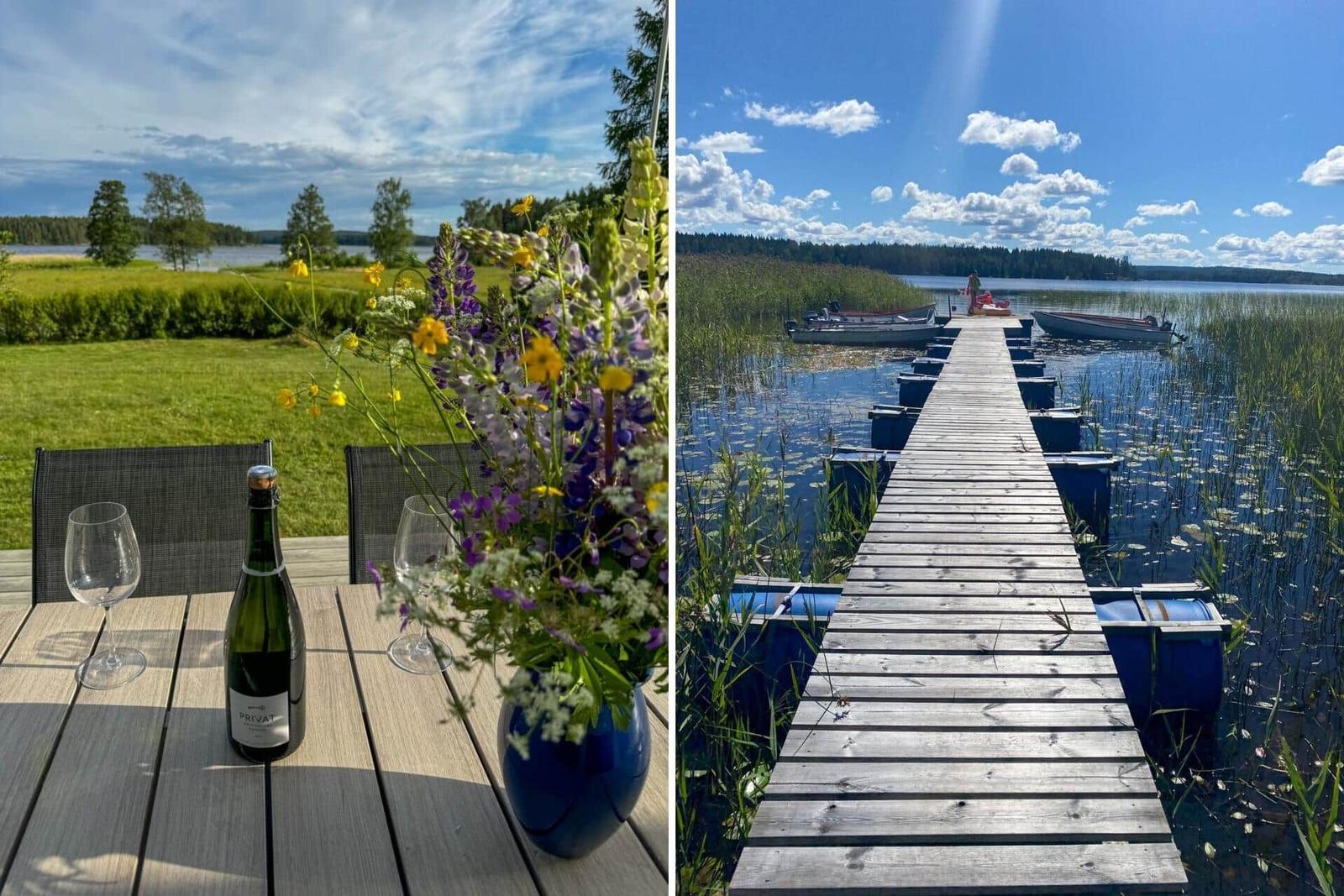 Terrasse mit Blumen und Flasche, Holzsteg zum See mit Booten.