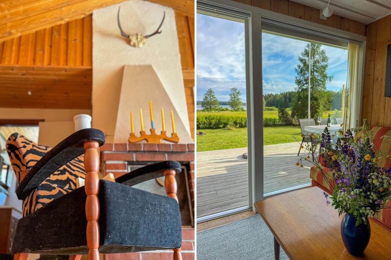 Kamin mit Hirschgeweih und gelben Kerzen. Terrasse mit Blick auf Wald und See.