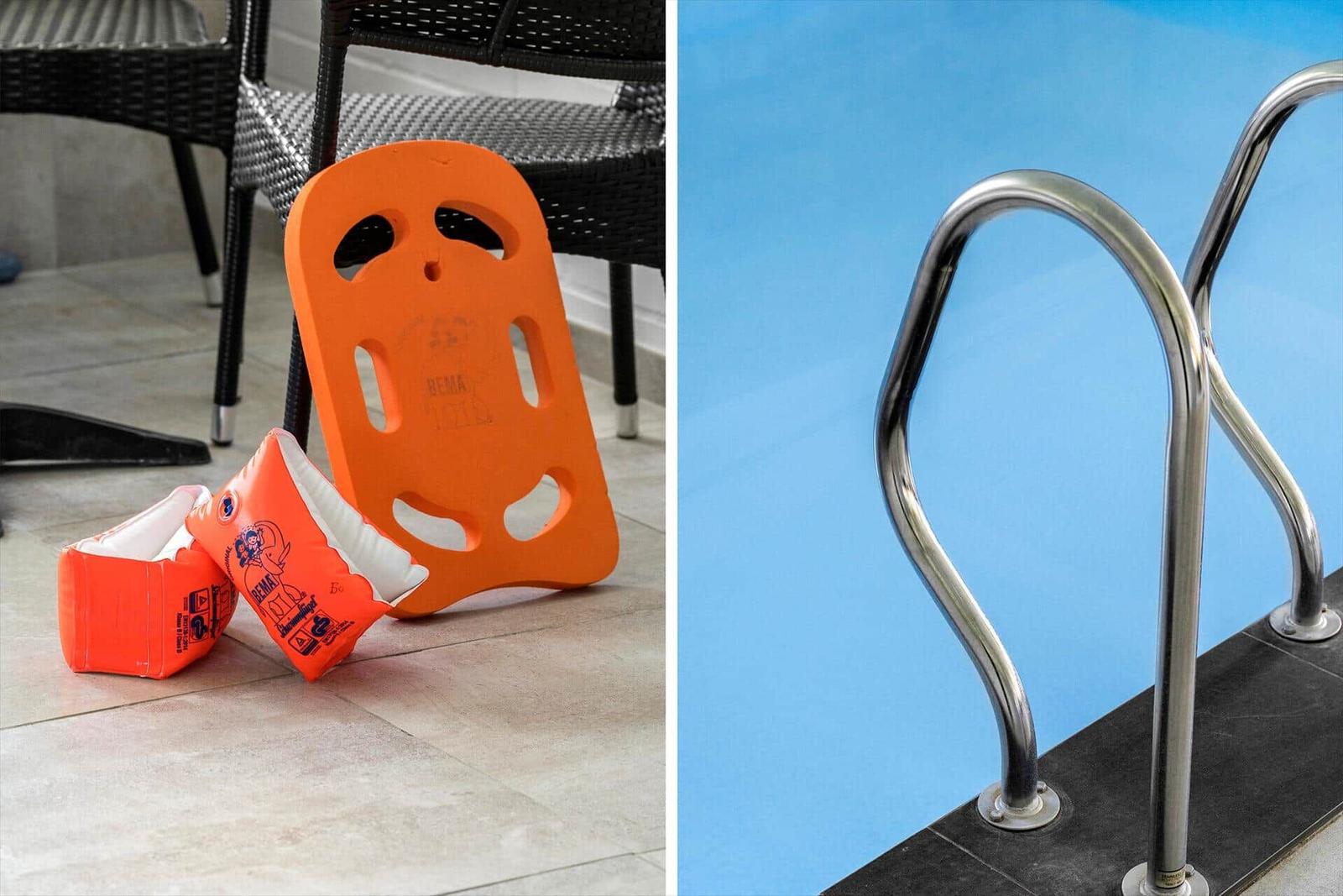 Orange swimming aids and pool ladder are ready for use.