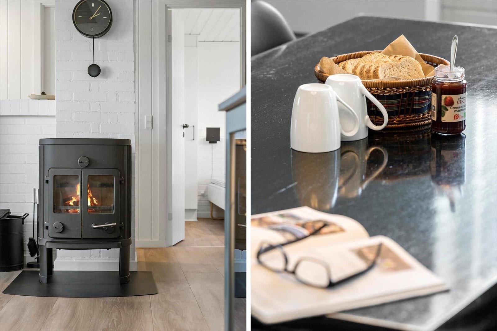 Wood-burning stove, kitchen counter with bread and jam.
