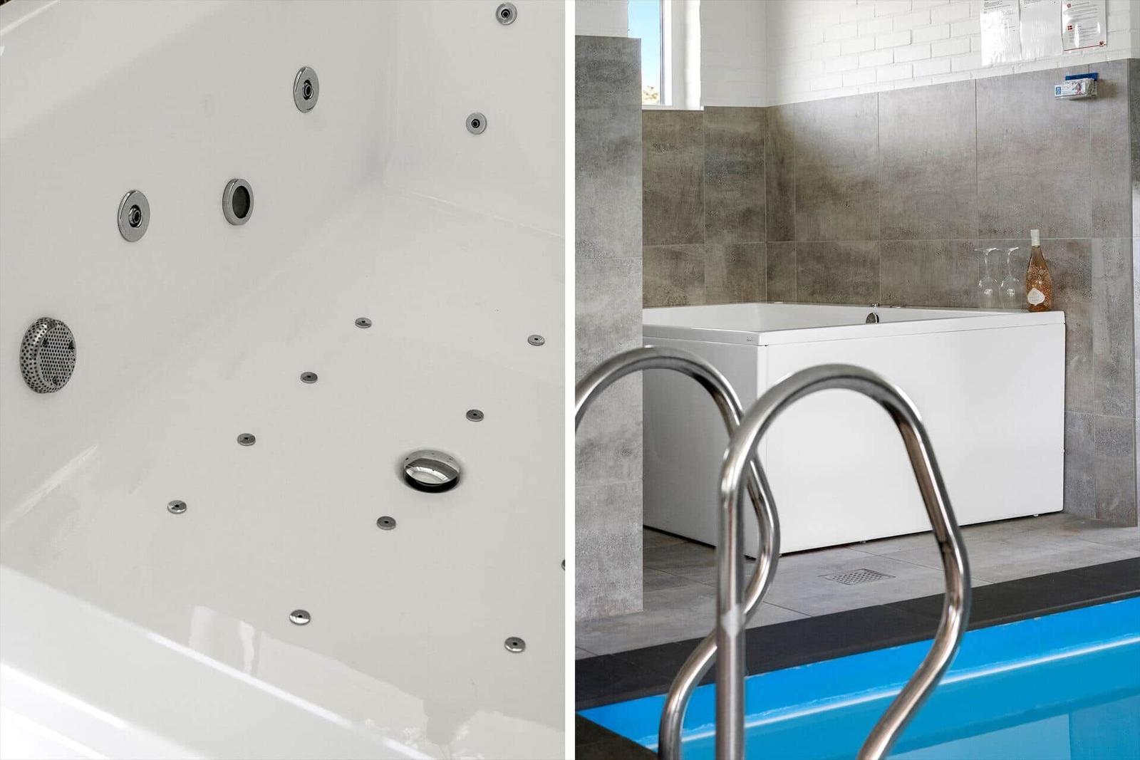 Whirlpool bath with jets and shower head. Bathtub and pool in background.