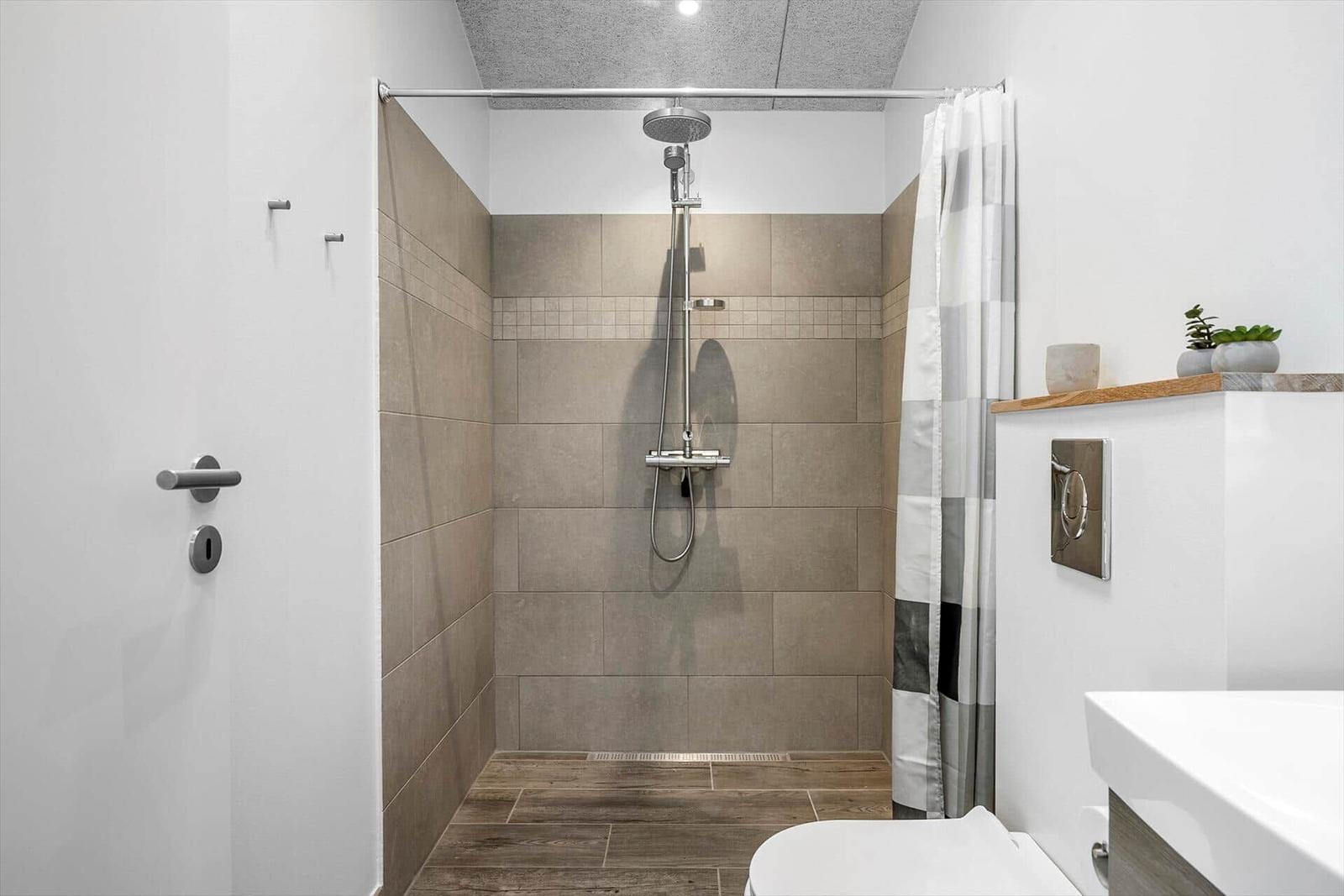 Shower with showerhead, toilet, and sink in bathroom
