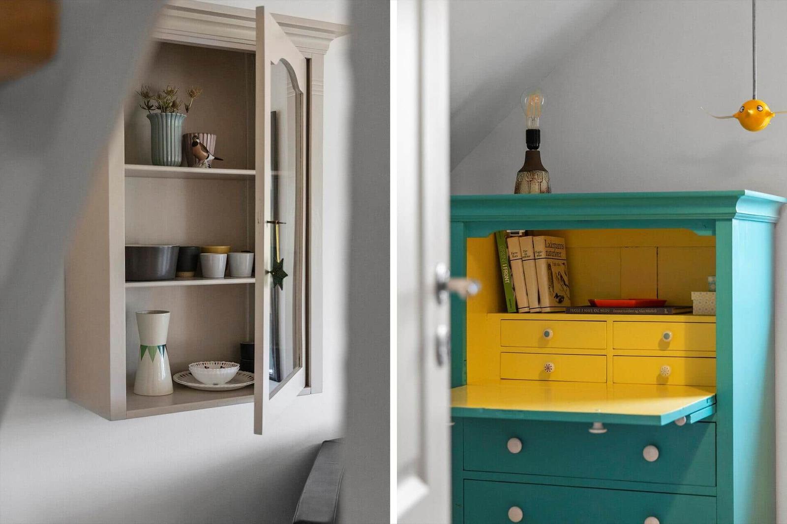 Links: Schrank mit Geschirr. Rechts: Blauer Schrank mit gelben Schubladen und Büchern.