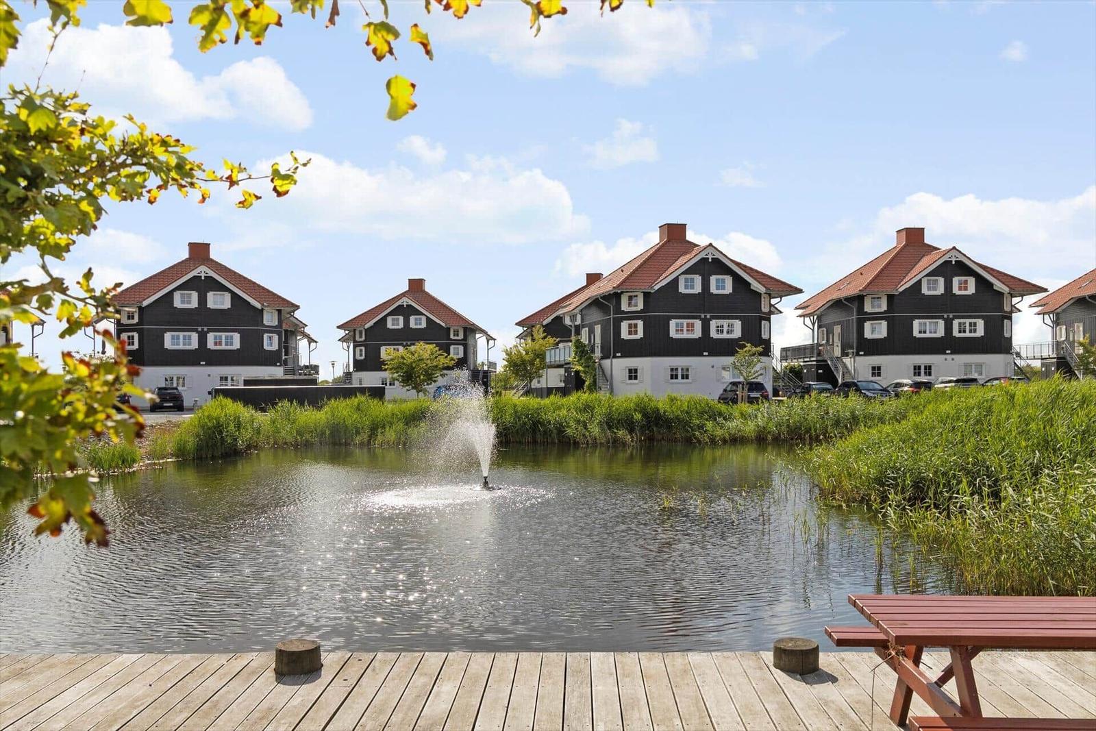 Black houses with red roofs stand by a pond with a fountain.