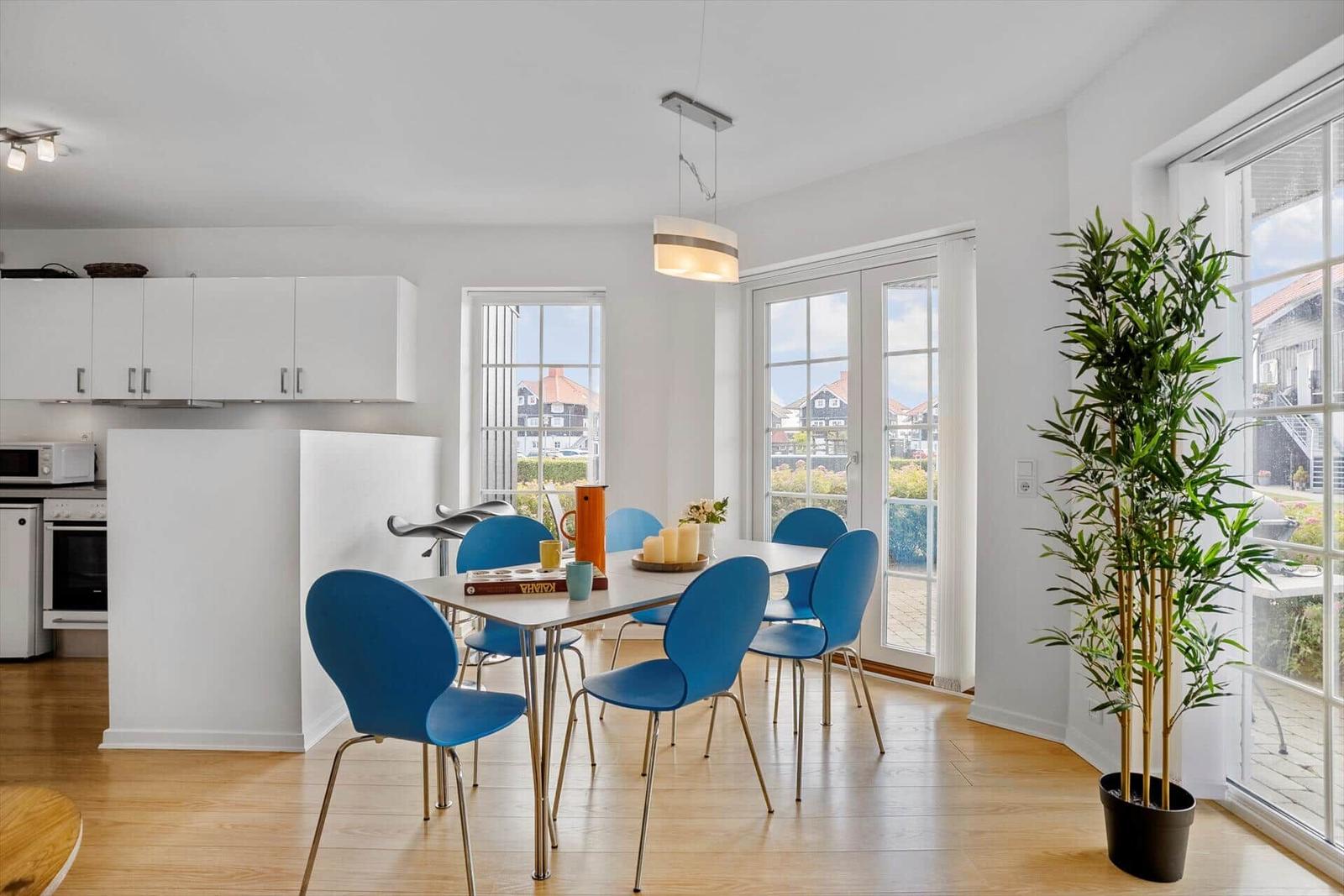 Dining area with blue chairs and table. Kitchen area with white cabinets. Large windows and plant.