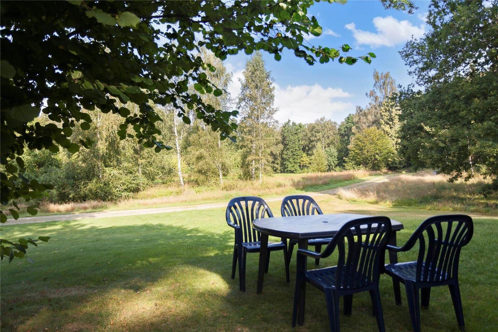 Shaded outdoor table with chairs under trees. Lawn and forest in background.