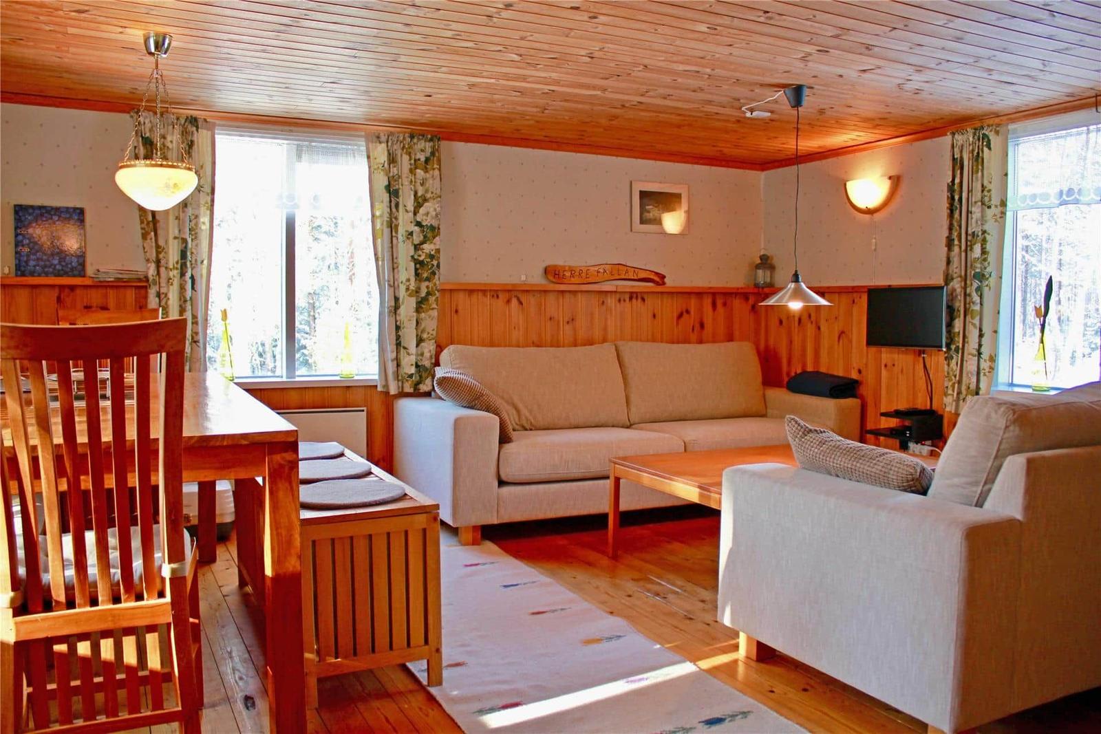 Living room with sofa, dining table, and wooden ceiling. Windows with curtains.