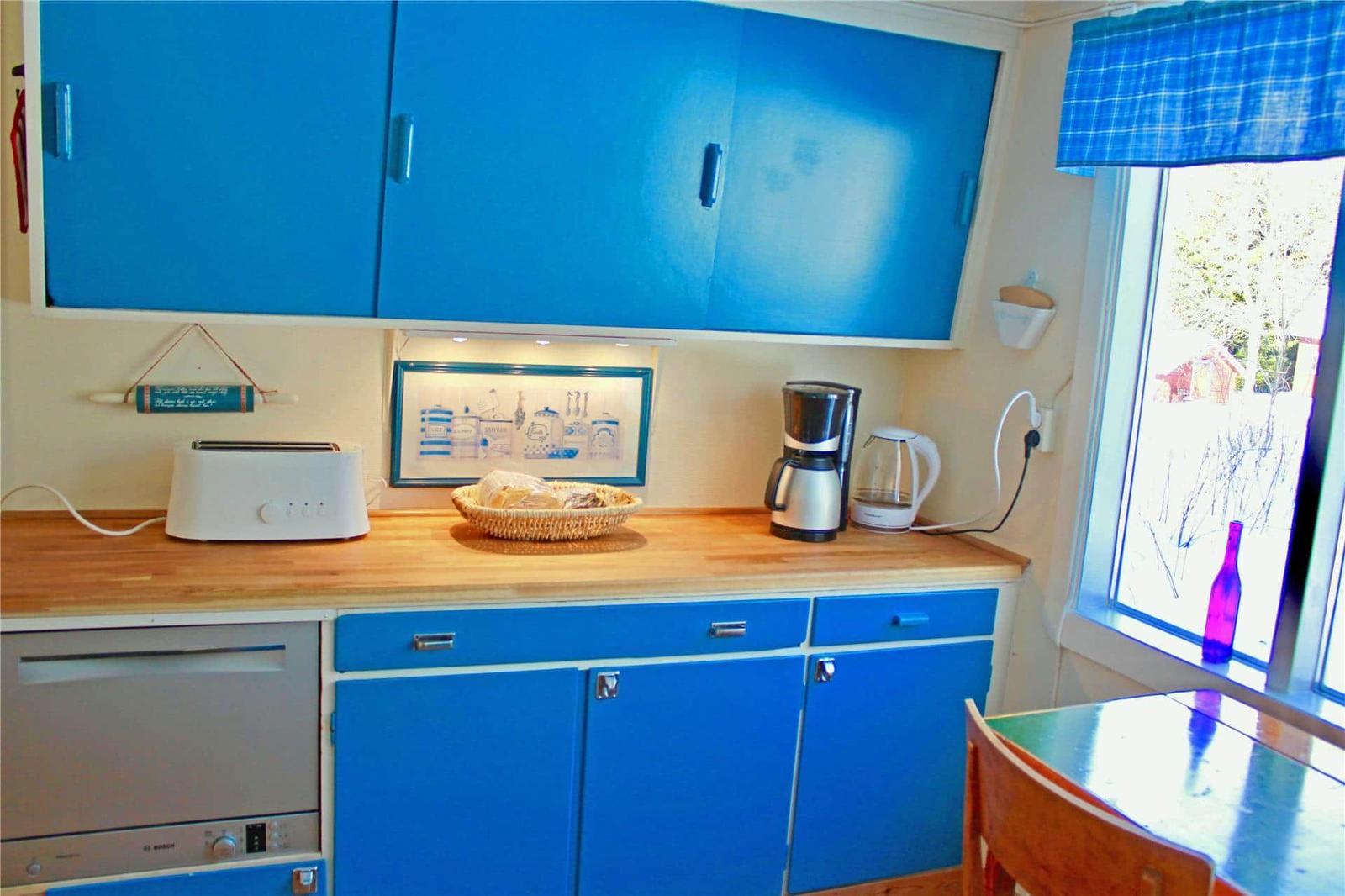 Kitchen with blue cabinets, wooden countertop, and window view