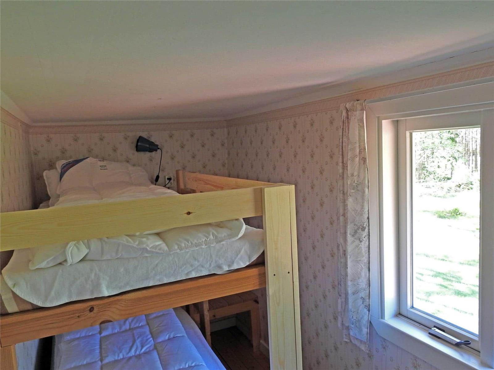 Room with bunk bed, window, and wallpaper.