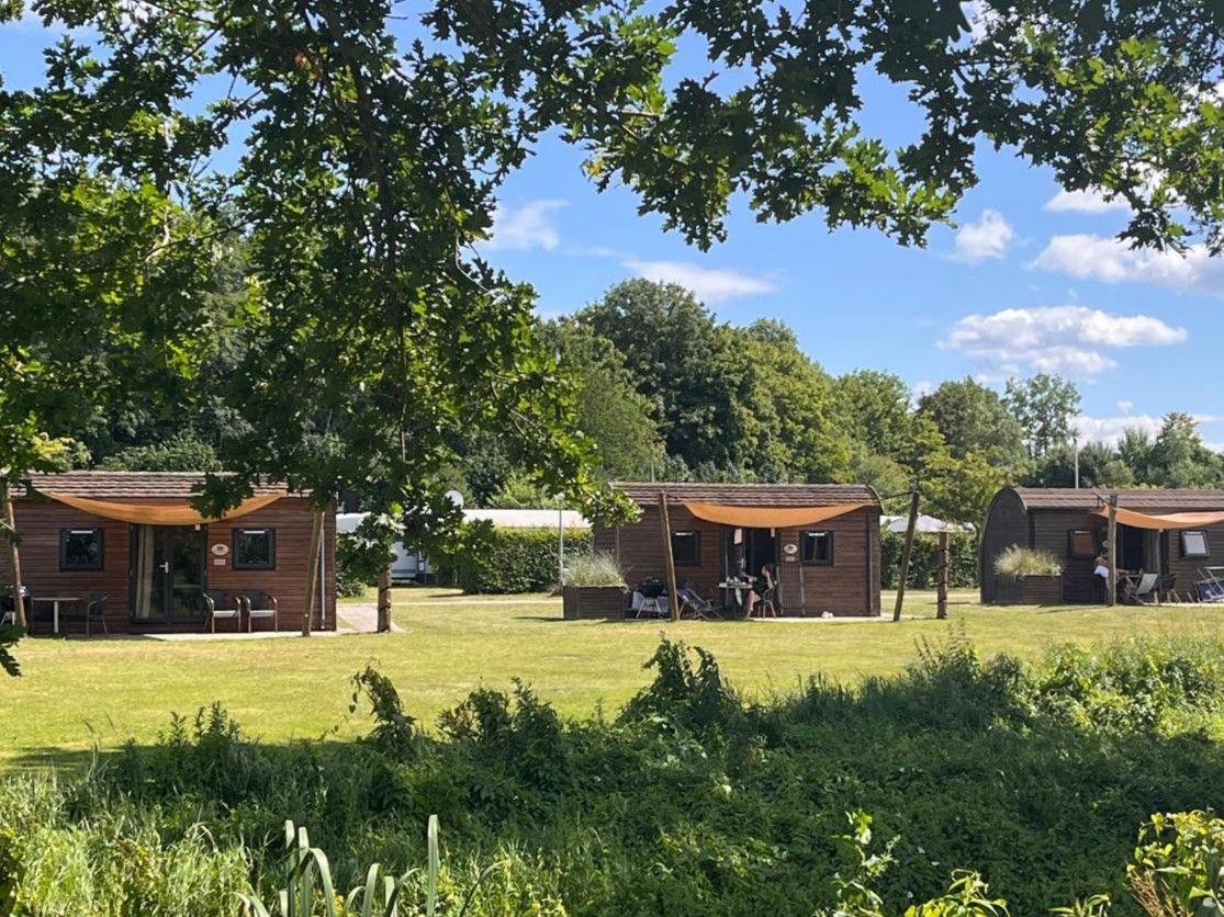 Drei Holzhäuser mit Terrassen stehen auf grünem Rasen unter Bäumen.