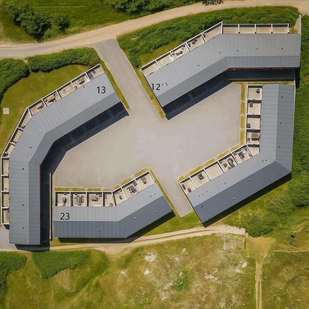 Luftbild von vier Ferienhäusern mit Nummern 12, 13, 23 und einem unbekannten Haus.