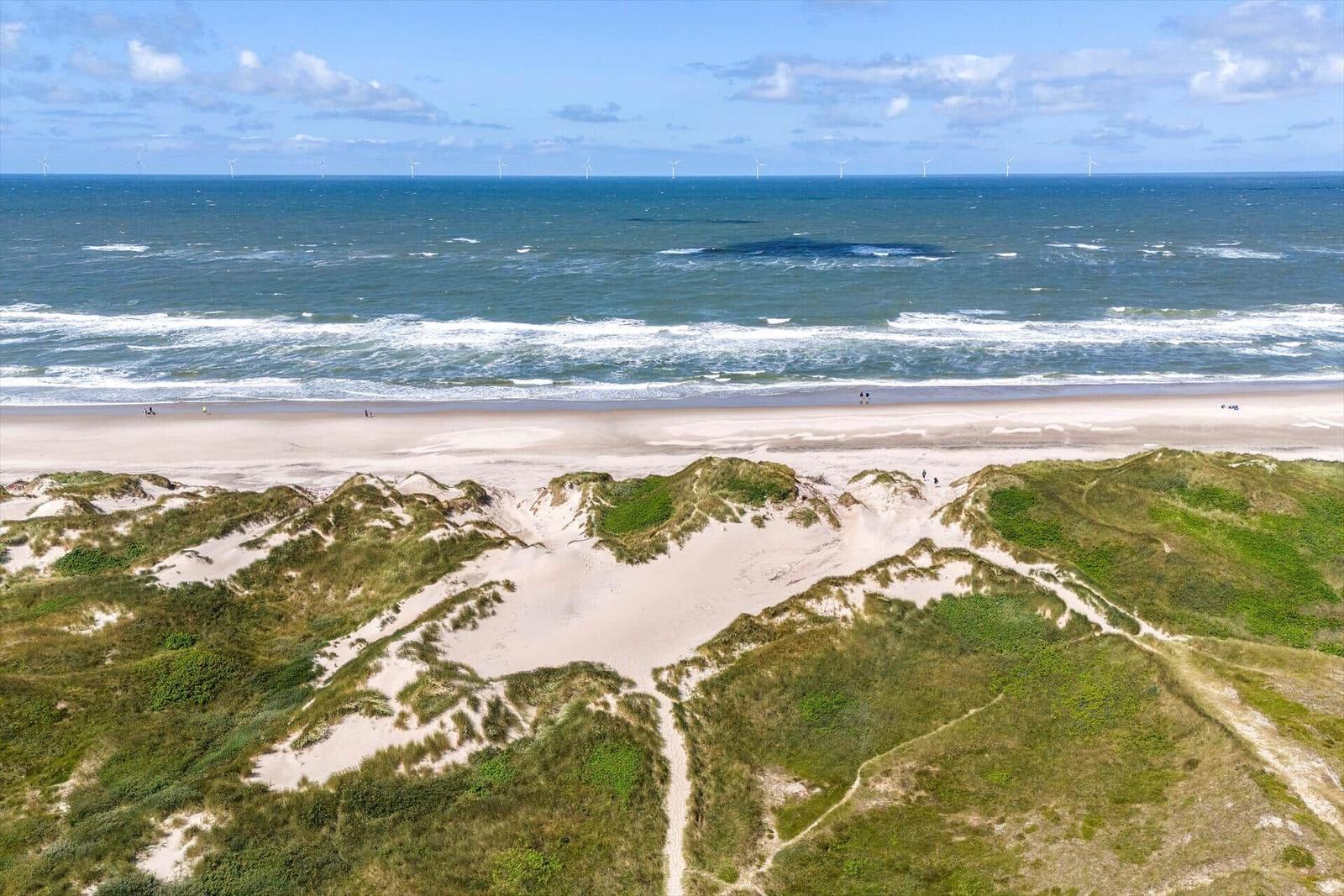 Ausblick auf Strand mit Dünen und Windkraftanlagen am Horizont.