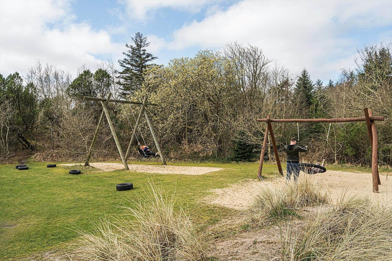 Two wooden swings with tires in grass, surrounded by trees and shrubs.