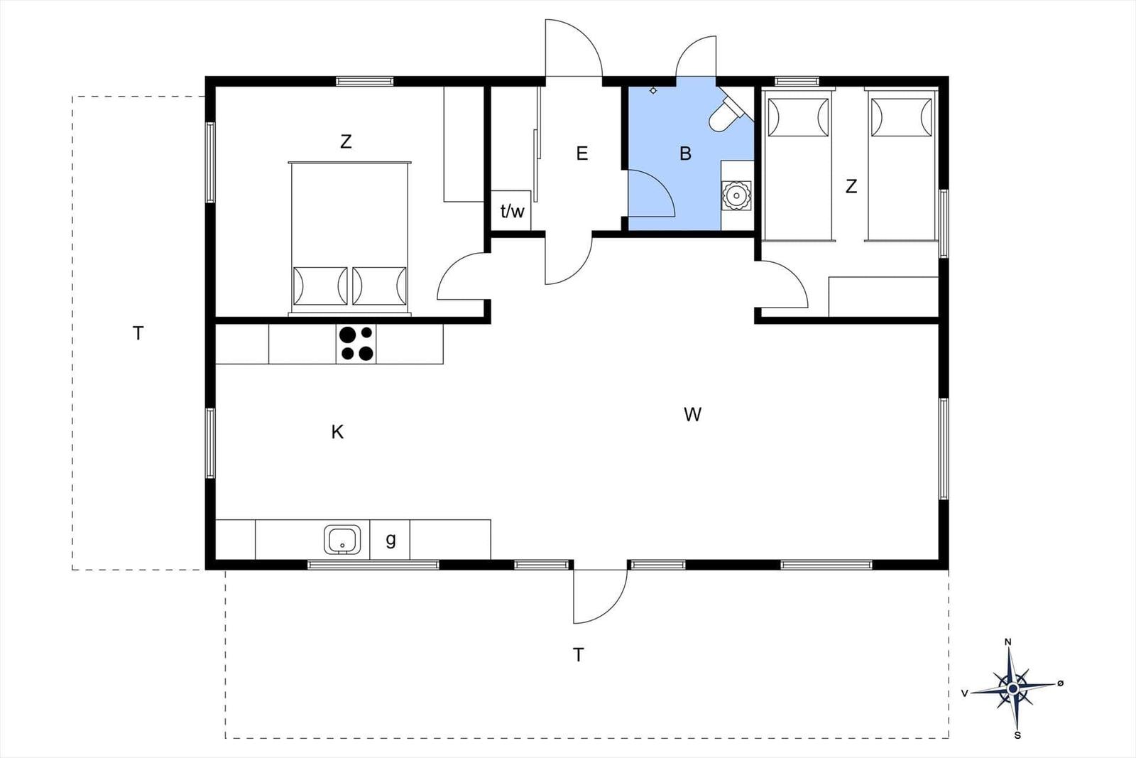 Wohnung mit Küche, Bad und zwei Schlafzimmern. Flur und Wohnbereich sind offen.