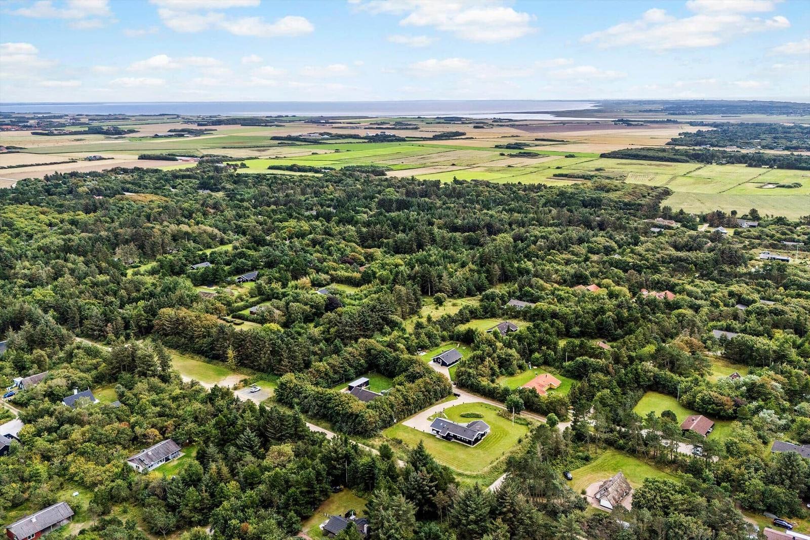 Luftbild einer ländlichen Gegend mit Wäldern, Häusern und Blick aufs Meer.
