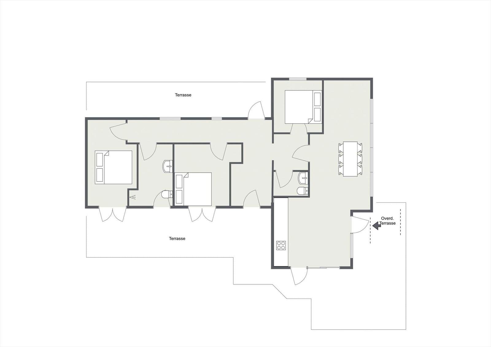 Dieses Apartment hat zwei Schlafzimmer, eine Küche, ein Bad und eine Terrasse.