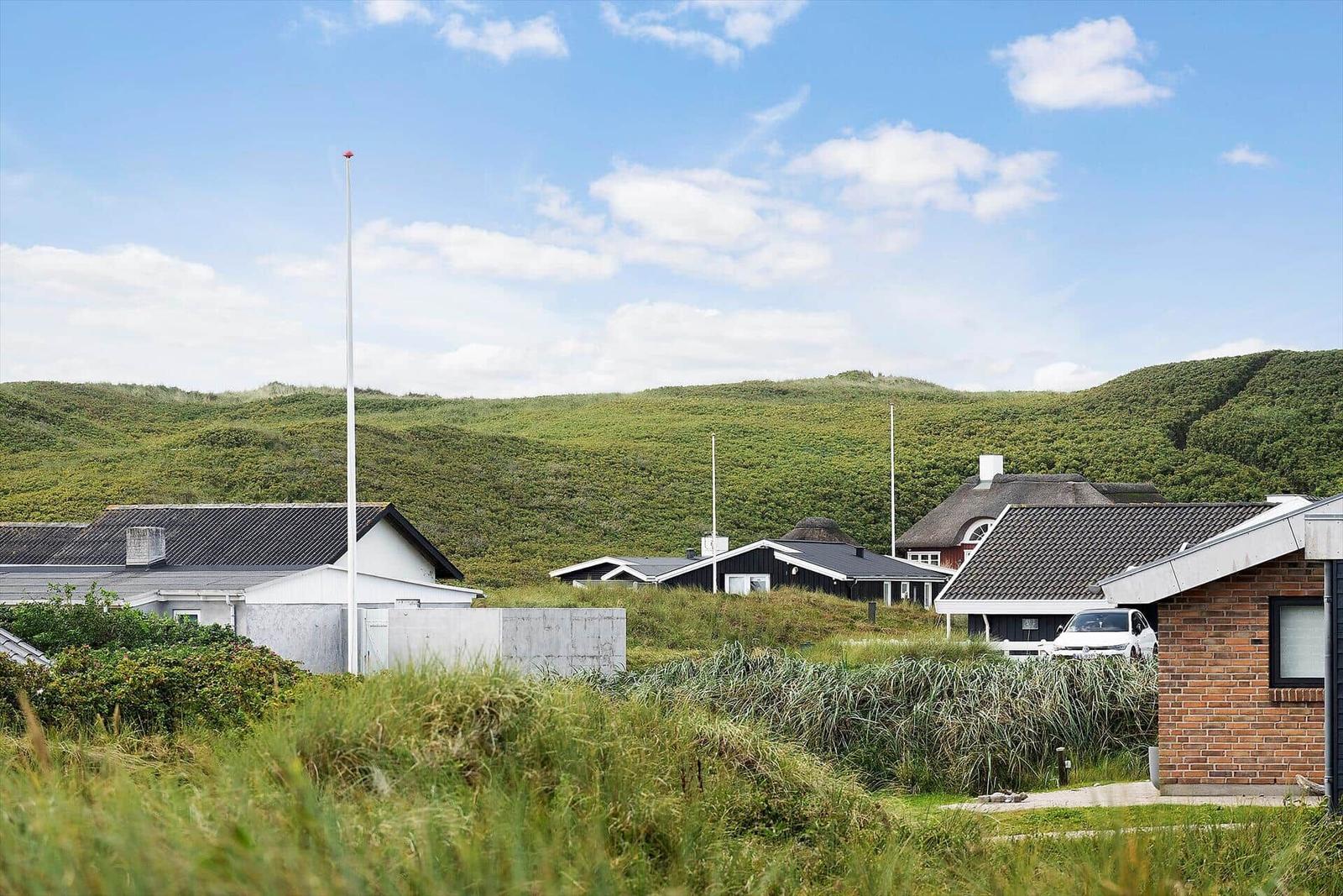 Häuser mit Dächern und Flaggenmasten vor grünen Dünen.
