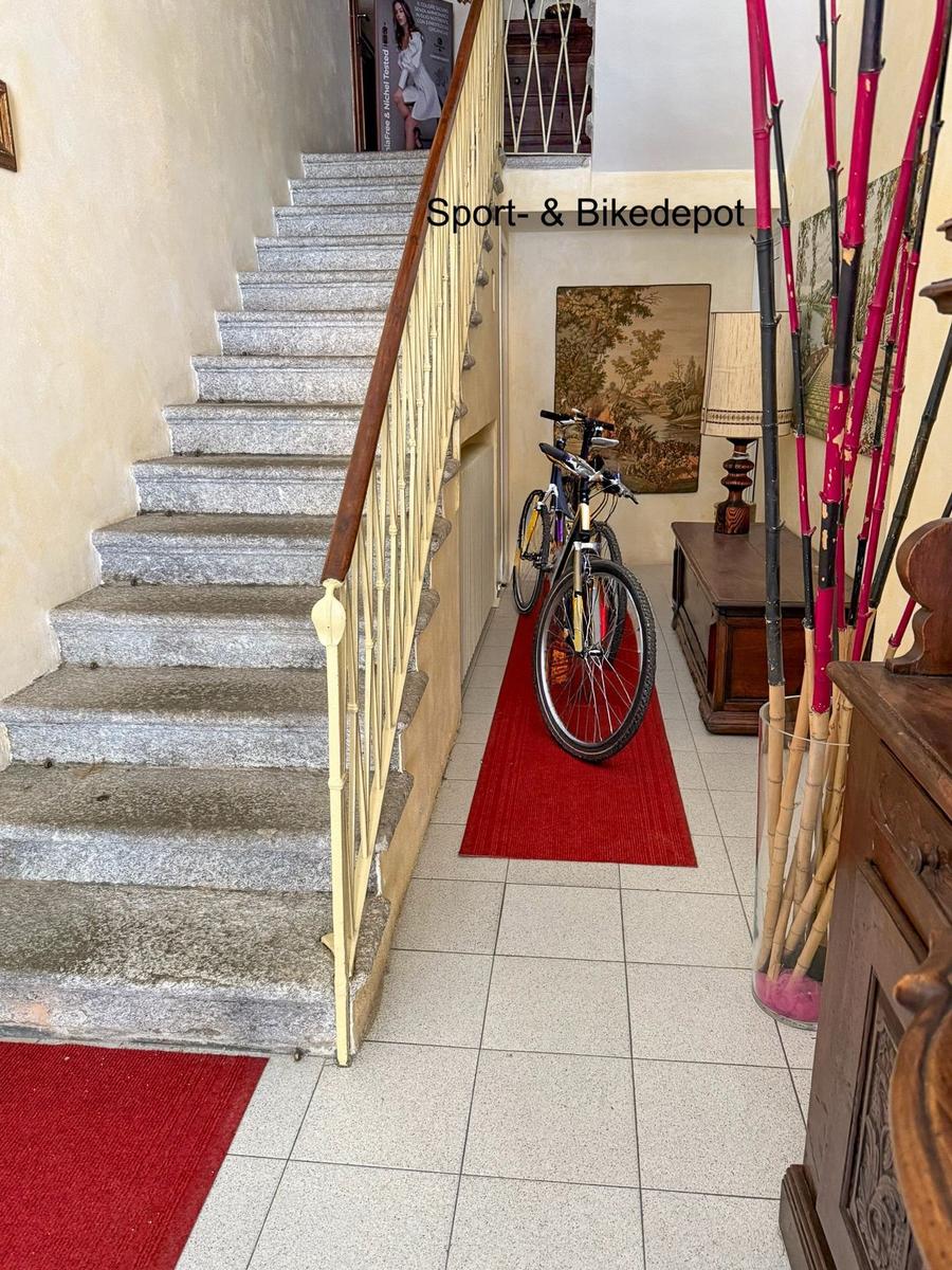 Hallway with stairs and bike stand. Red carpets and wooden furniture.