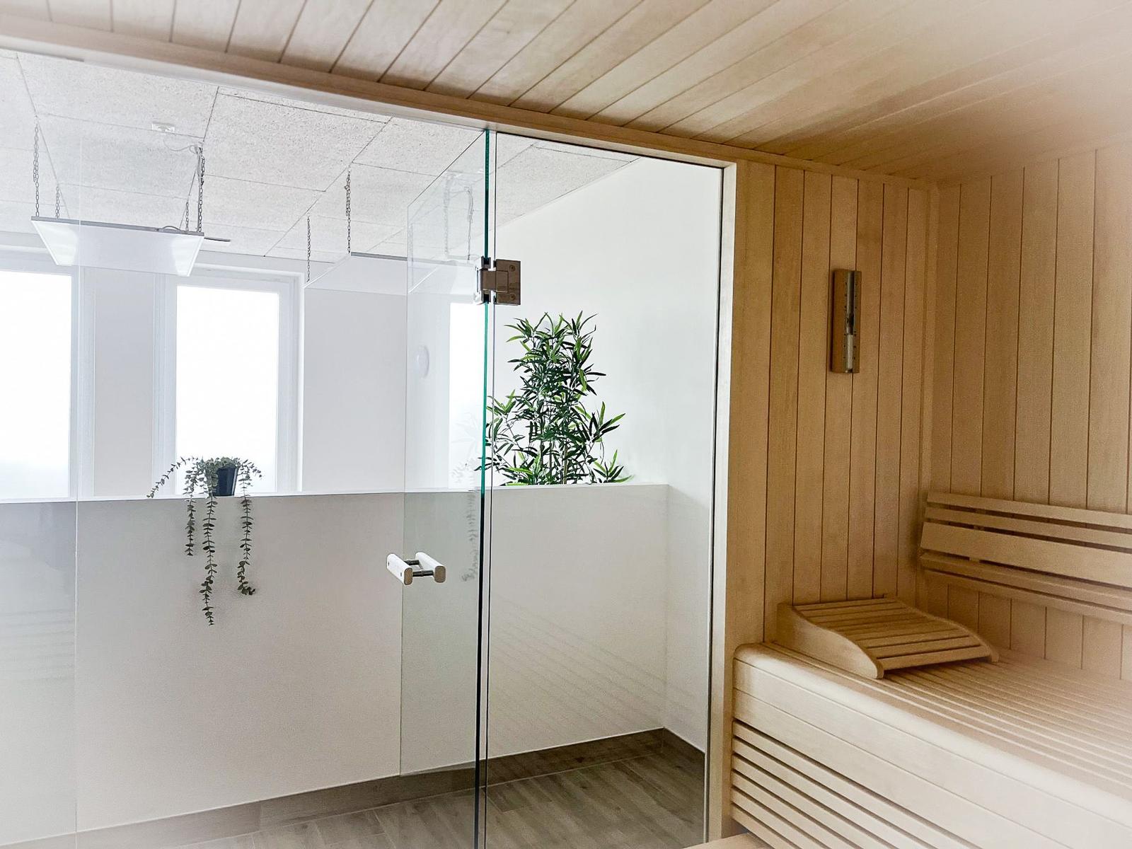Sauna with wooden bench and glass wall. Plants and window visible.