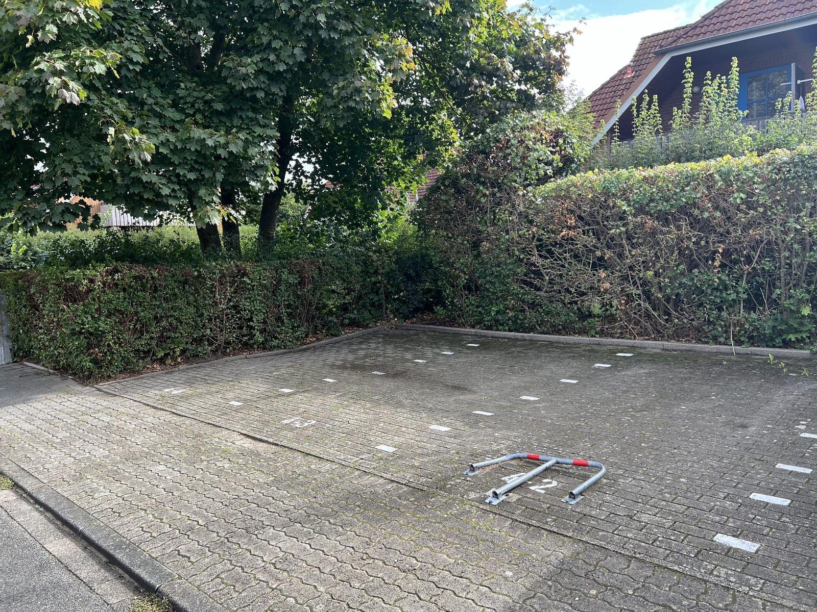 Pflasterter Parkplatz mit Hecke und Bäumen. Ein Fahrradständer steht im Vordergrund.