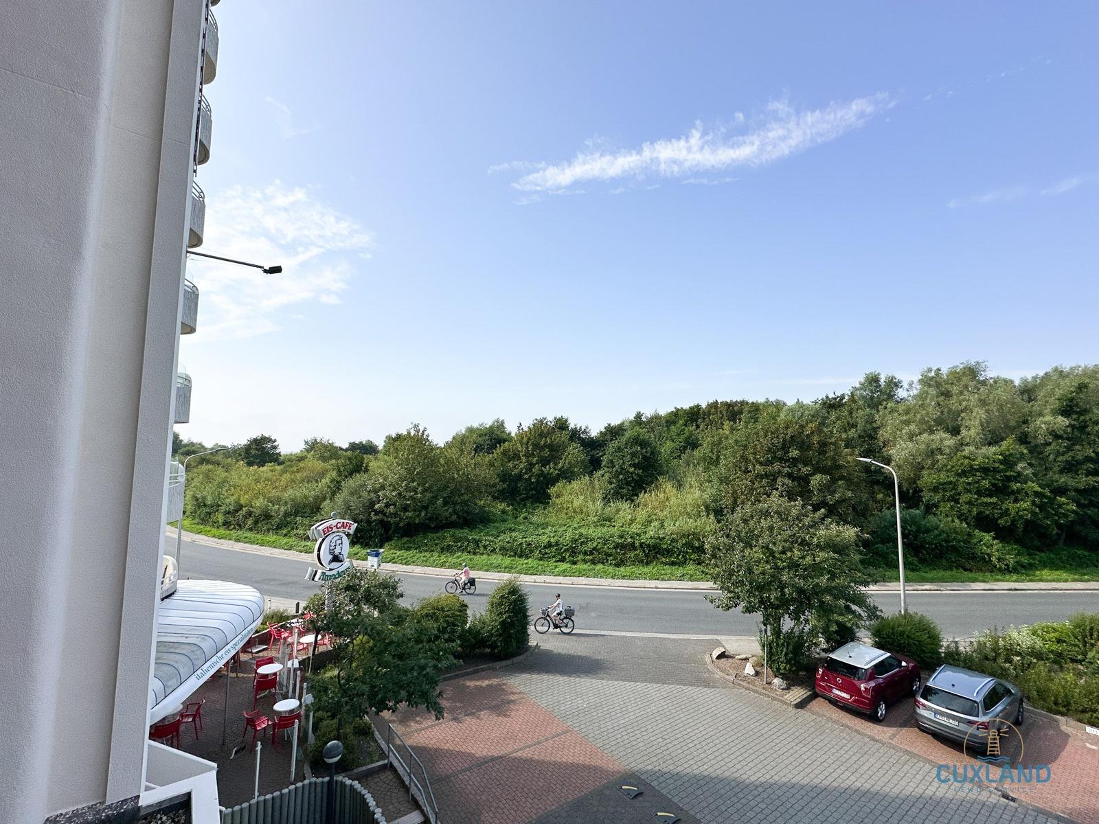 Ansicht vom Balkon mit Cafe, Straße und Wald.