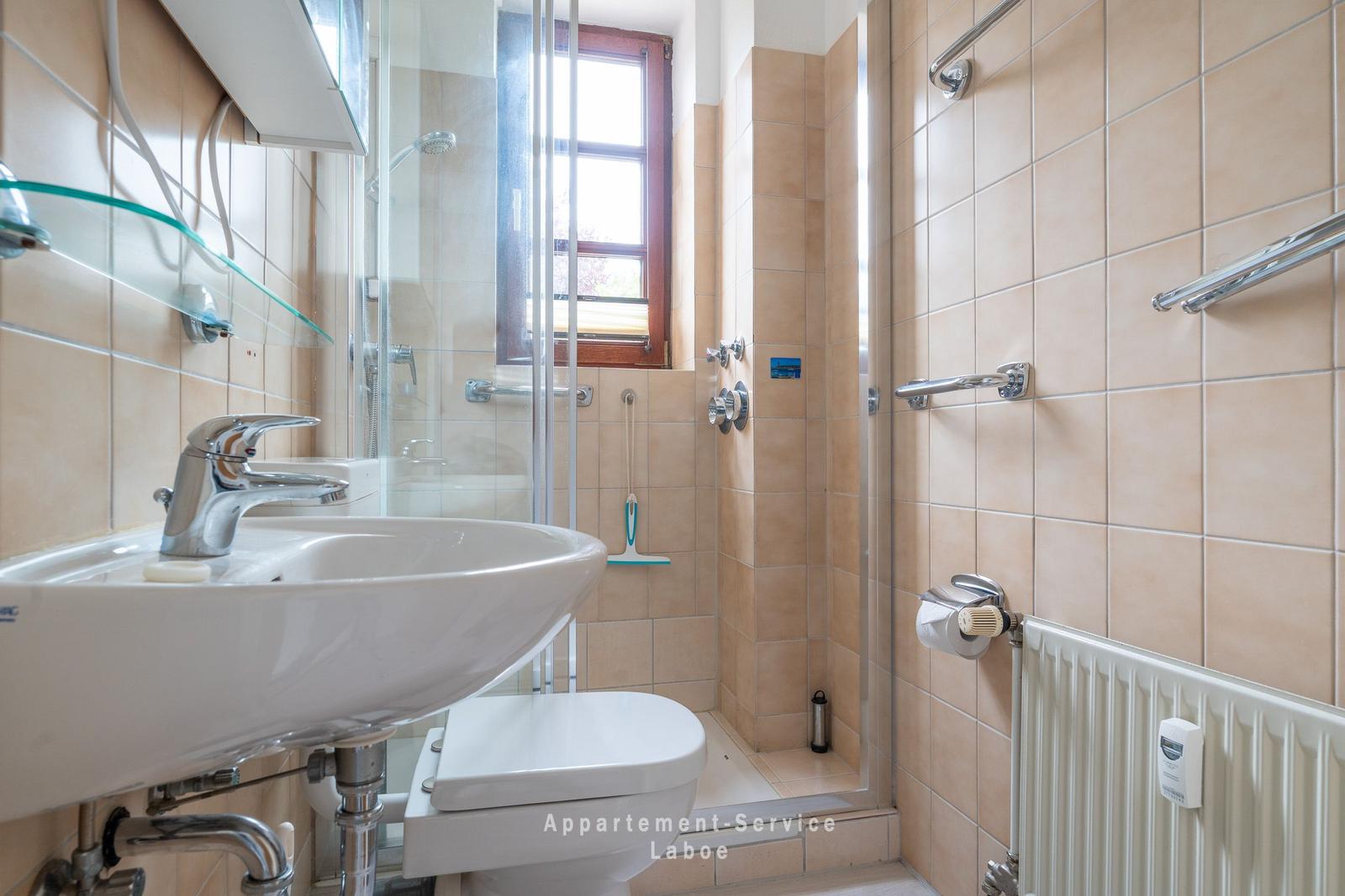 Badezimmer mit Dusche, Waschbecken und Toilette. Fenster mit Holzrahmen.