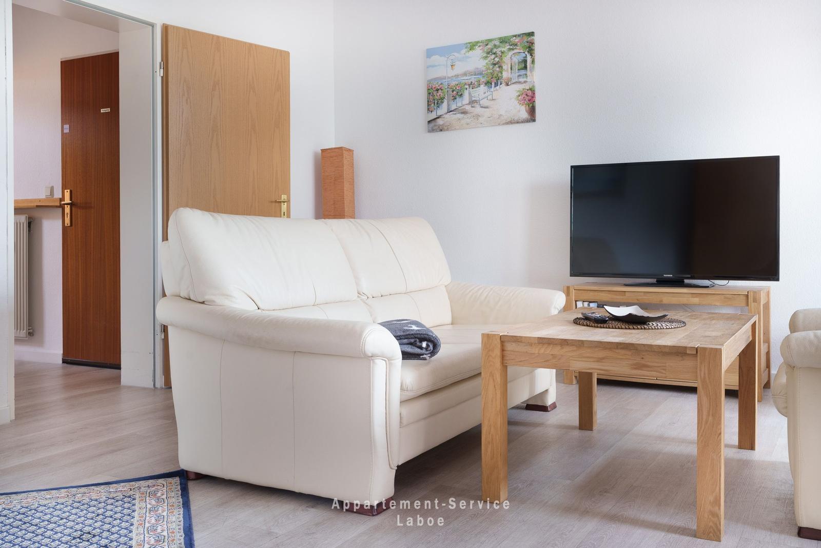 Wohnzimmer mit Sofa, Couchtisch und Fernseher. Wandbild und Holztüren sichtbar.