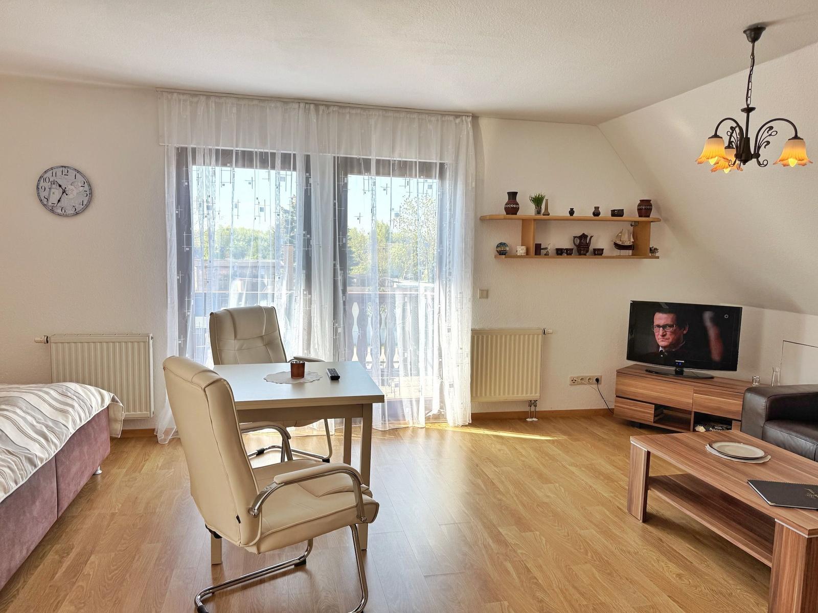 Wohnzimmer mit Schlafbereich, Tisch, TV und Balkonansicht.