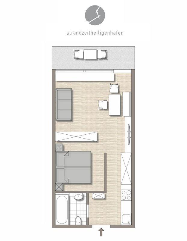 Wohnung mit Schlafzimmer, Küche und Bad. Terrasse mit Sitzgelegenheit.