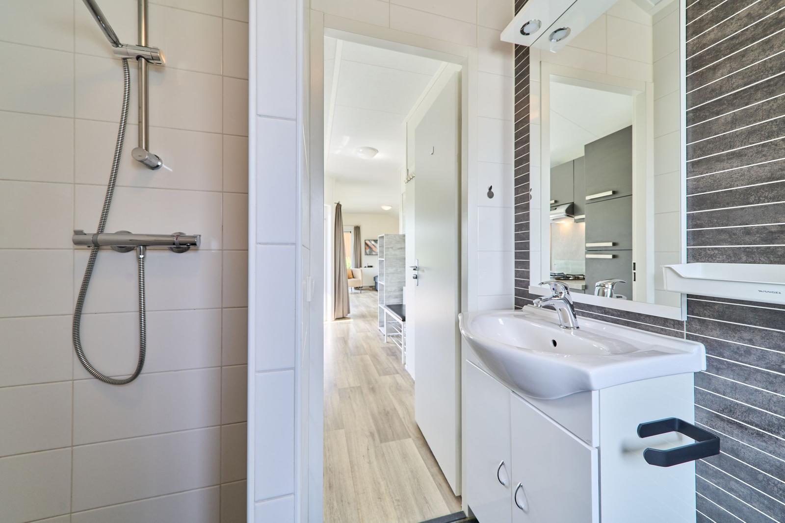 Bad mit Dusche, Waschbecken und Spiegel. Blick in Wohnbereich.
