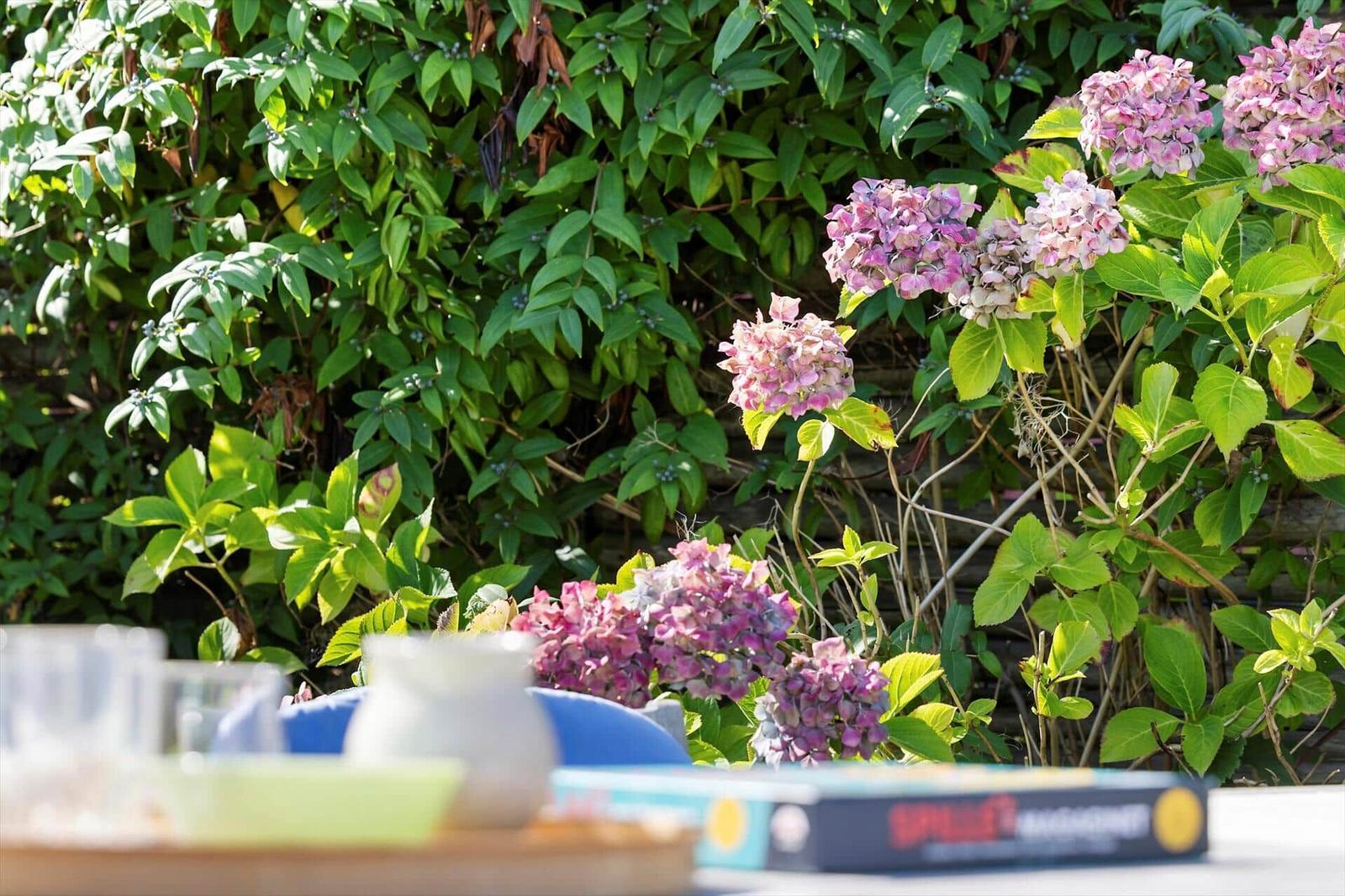 Table with toys and flowers in the garden