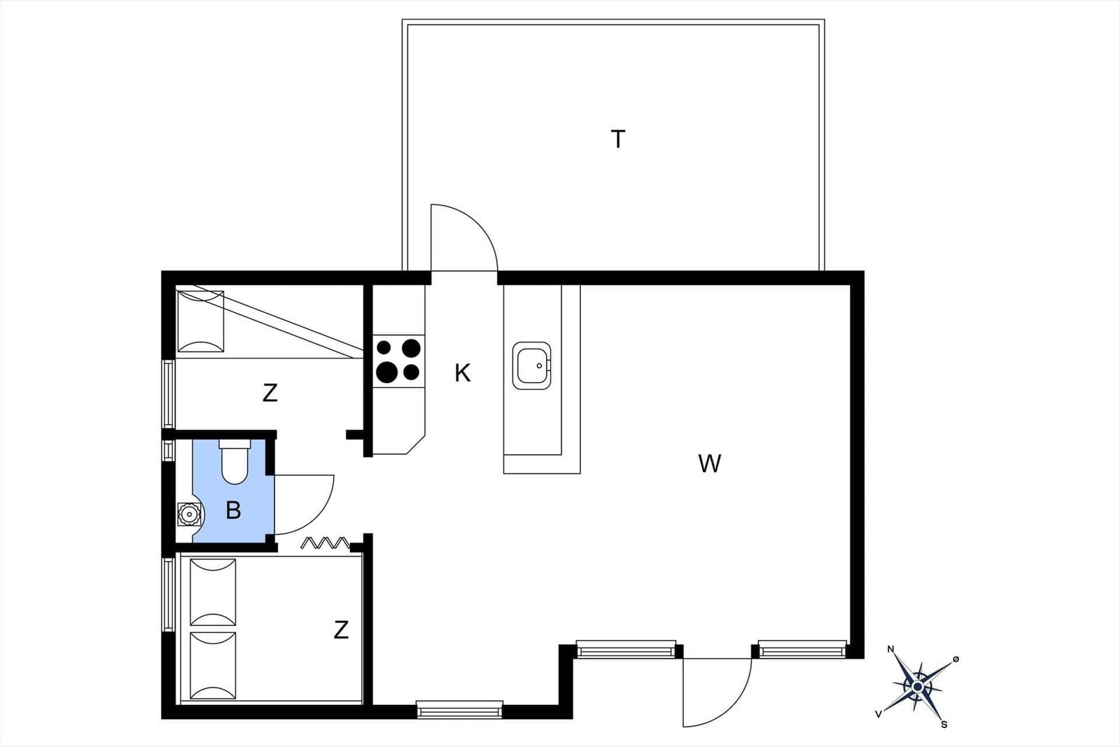 Apartment with kitchen, bathroom, bedroom, and living area. Includes compass orientation.