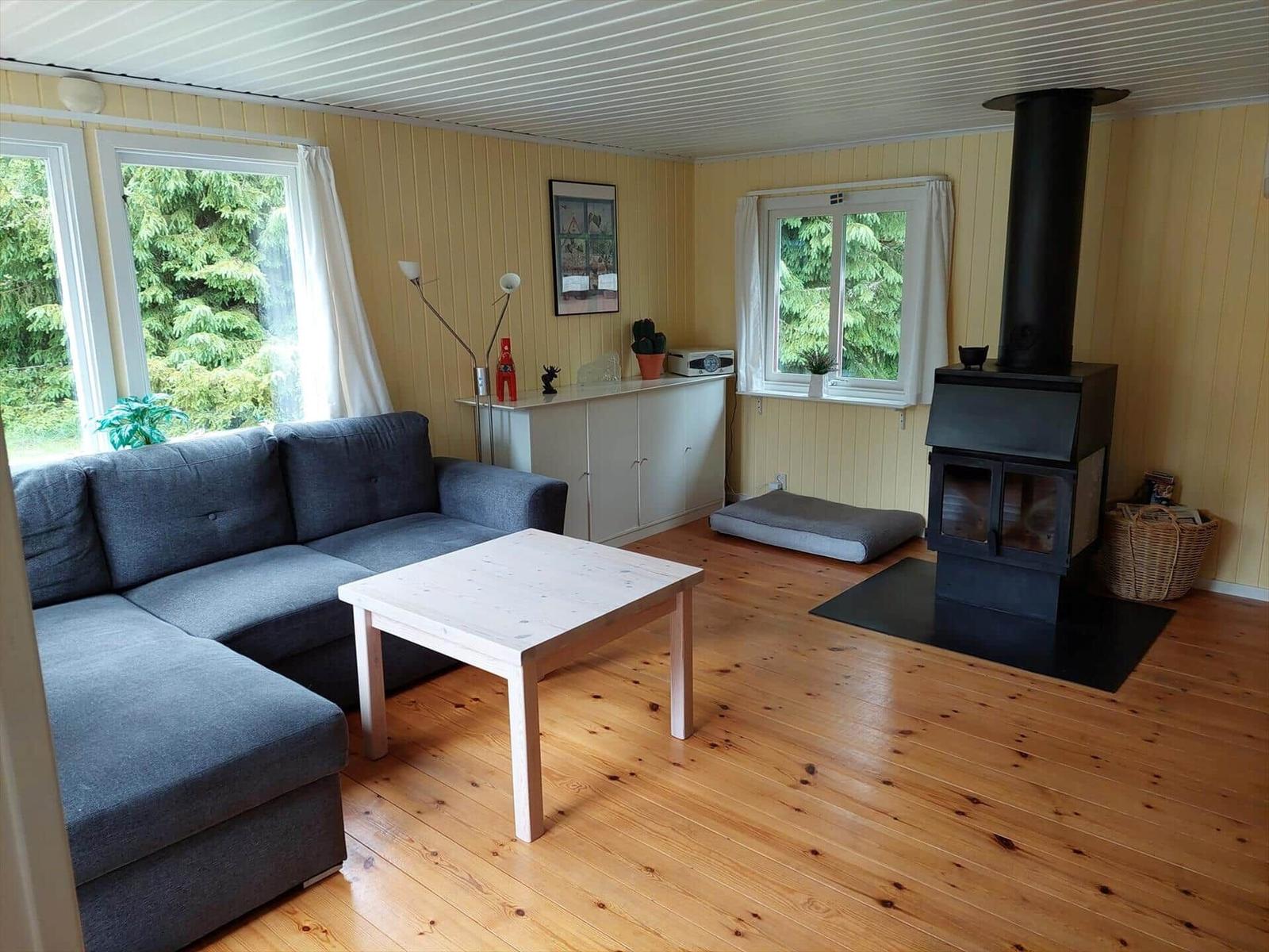 Wohnzimmer mit Sofa, Tisch und Kaminofen. Holzboden und Fenster mit Blick auf Bäume.