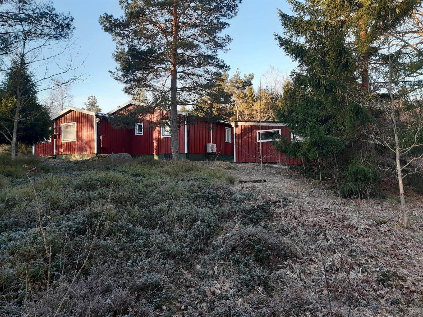 Rotes Holzhaus in Wald mit Frostbedecktem Boden