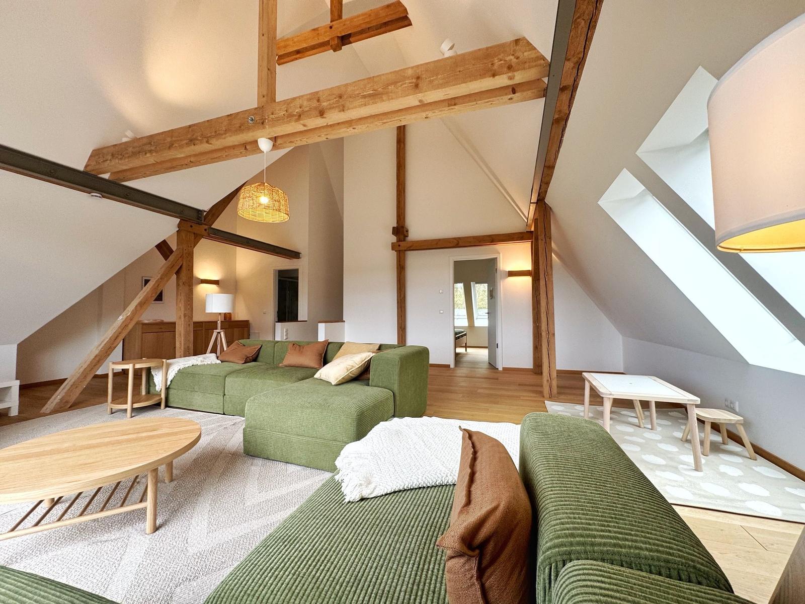 Wohnraum mit grünem Sofa, Holzrahmen und Dachfenster.