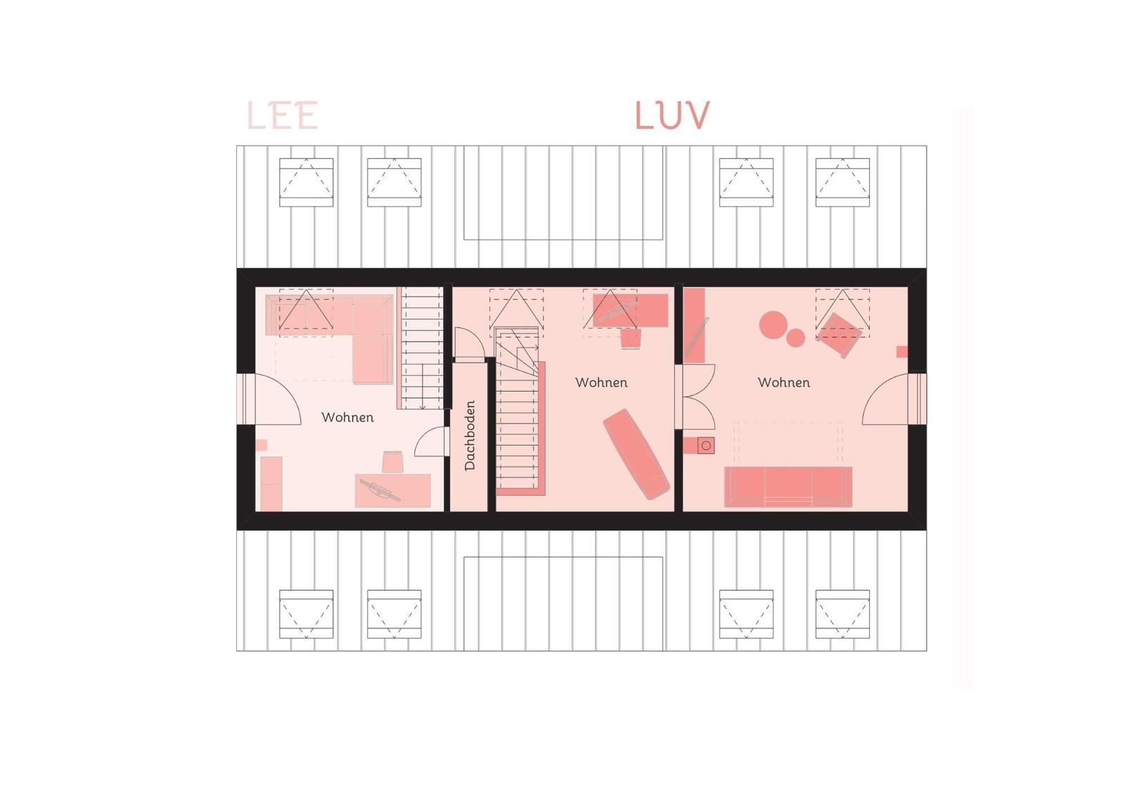 Dieser Grundriss zeigt zwei Wohnungen mit Treppenhaus und Dachbodenbereich.
